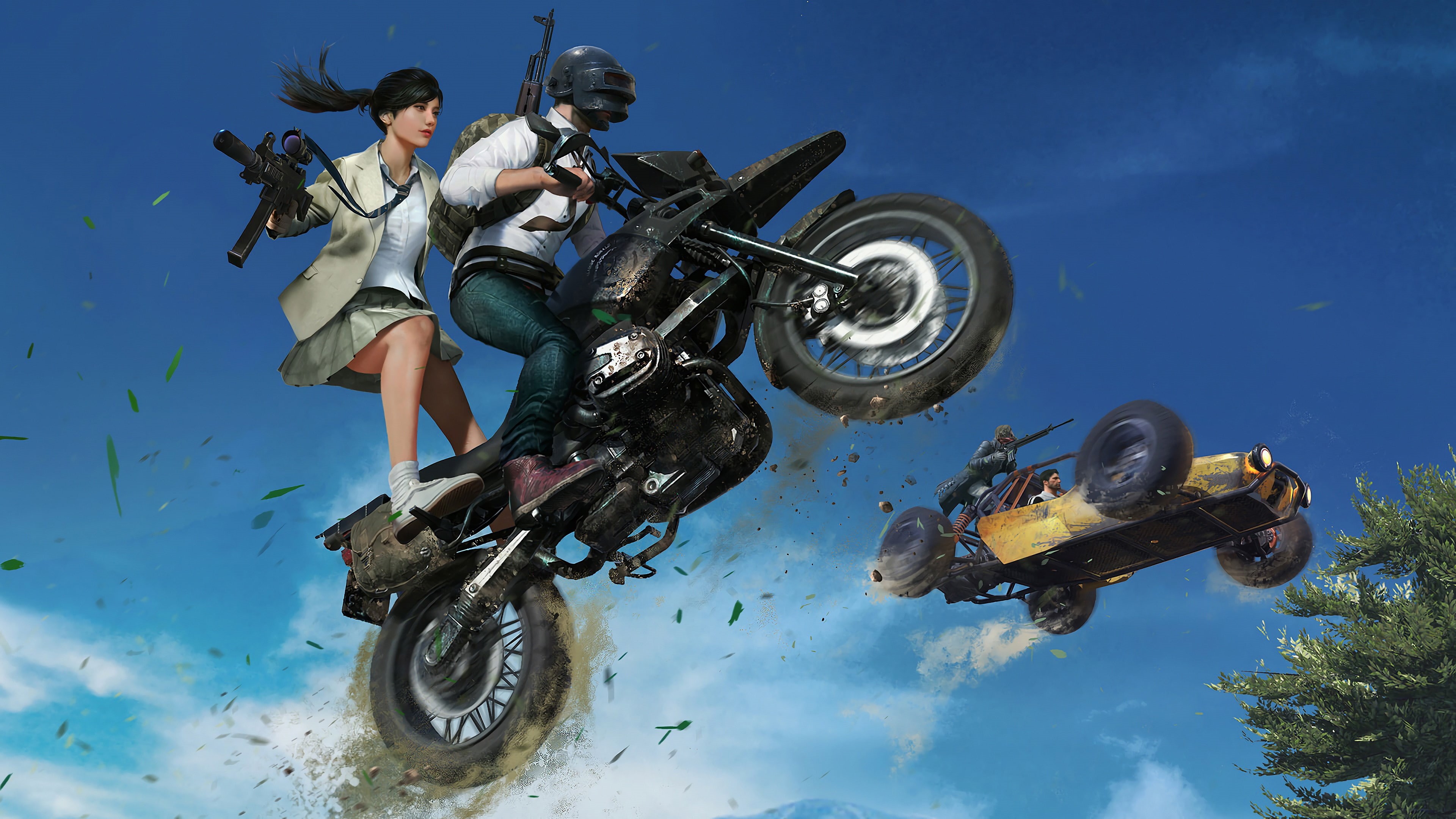 men, one person, day, 2018 games, games, gun, hd, full length, transportation, mode of transportation, real people, motorcycle, mid-air, blue, adventure, HD Wallpaper