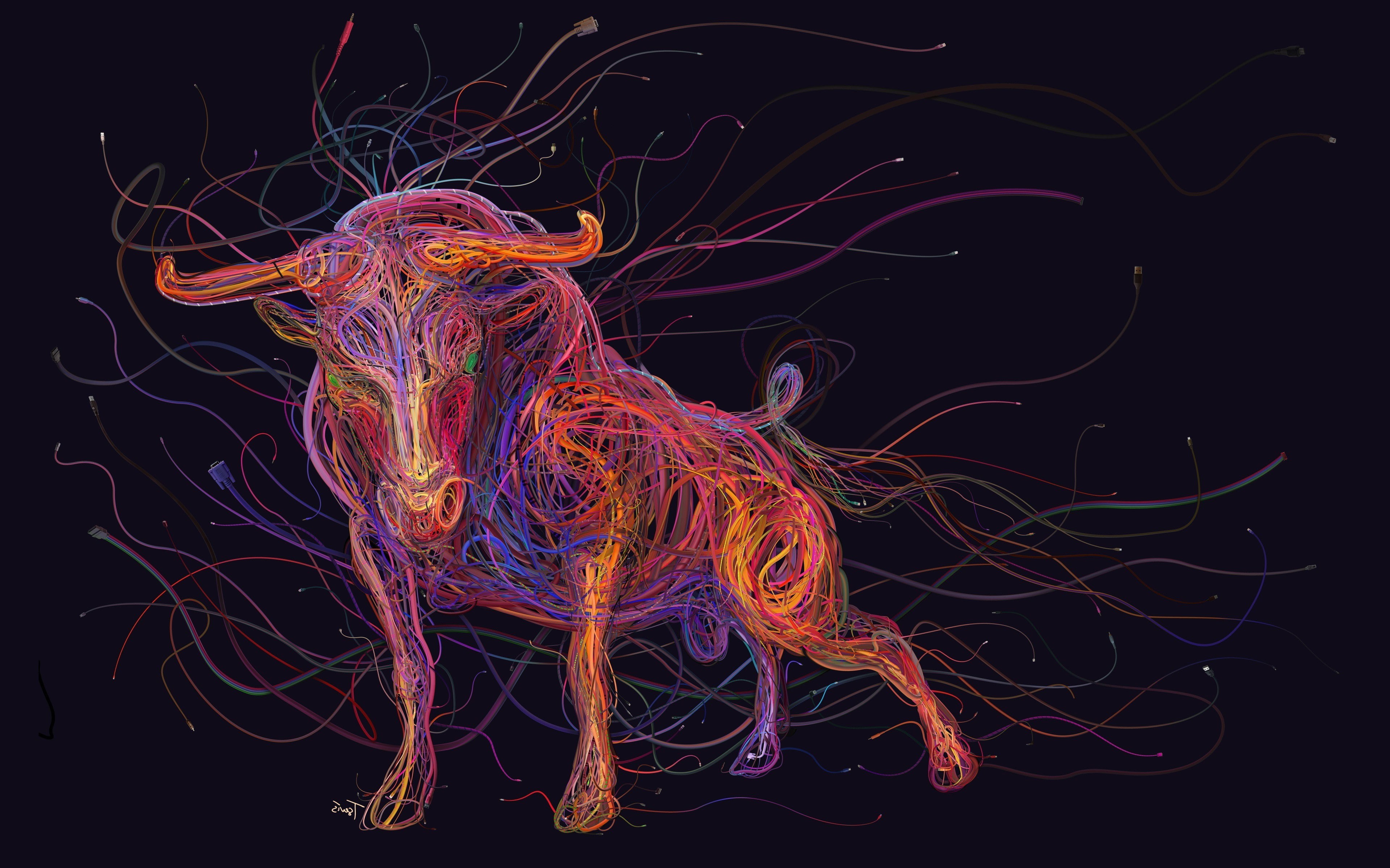 digital art, bull, Colorful, Ethernet, Wires, animals, USB, 4K, HD Wallpaper