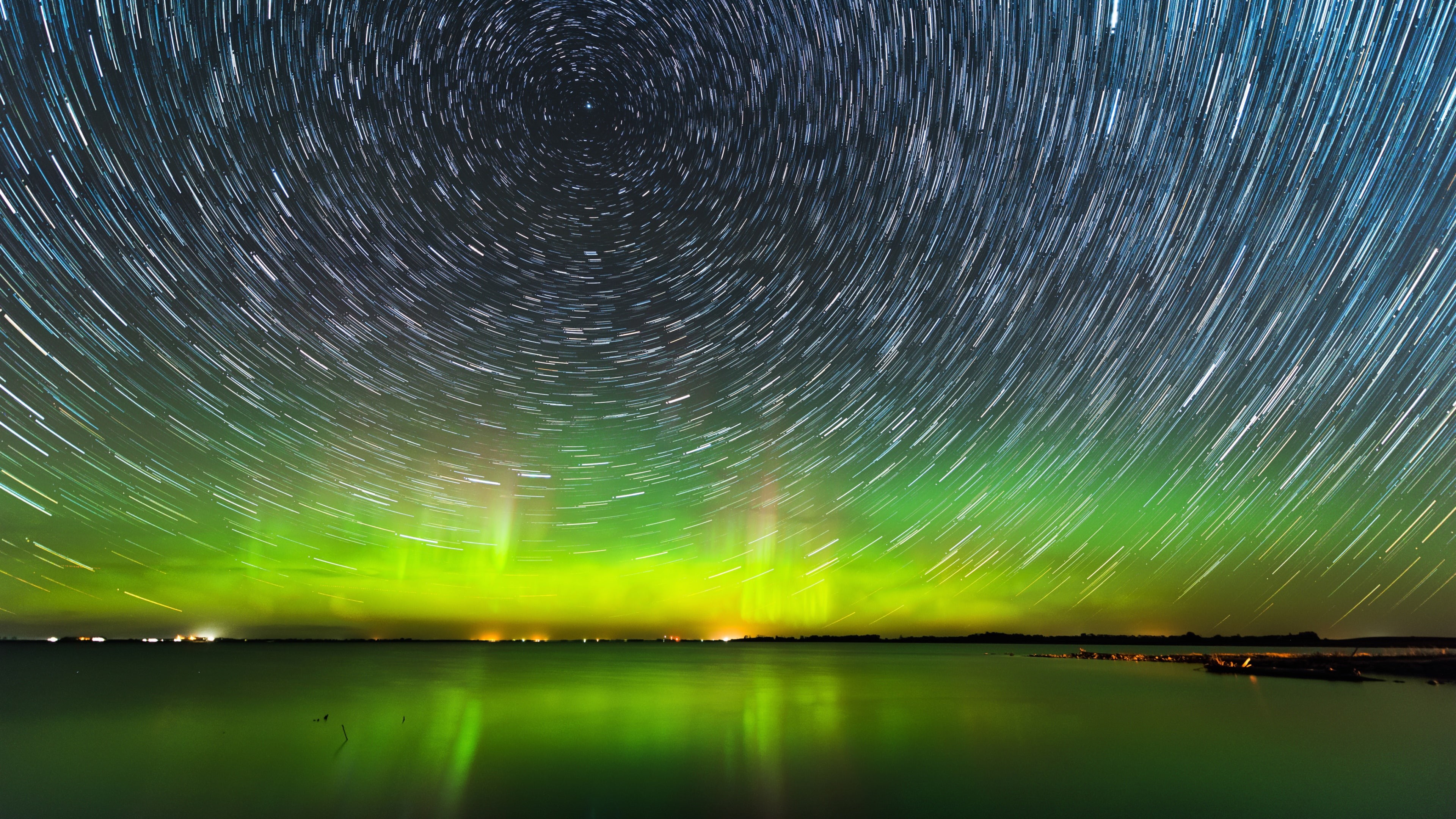 northern lights, green, aurora borealis, night sky, 4K, polar lights, landscape, star trails, horizon, night, long exposure, starry night, HD Wallpaper