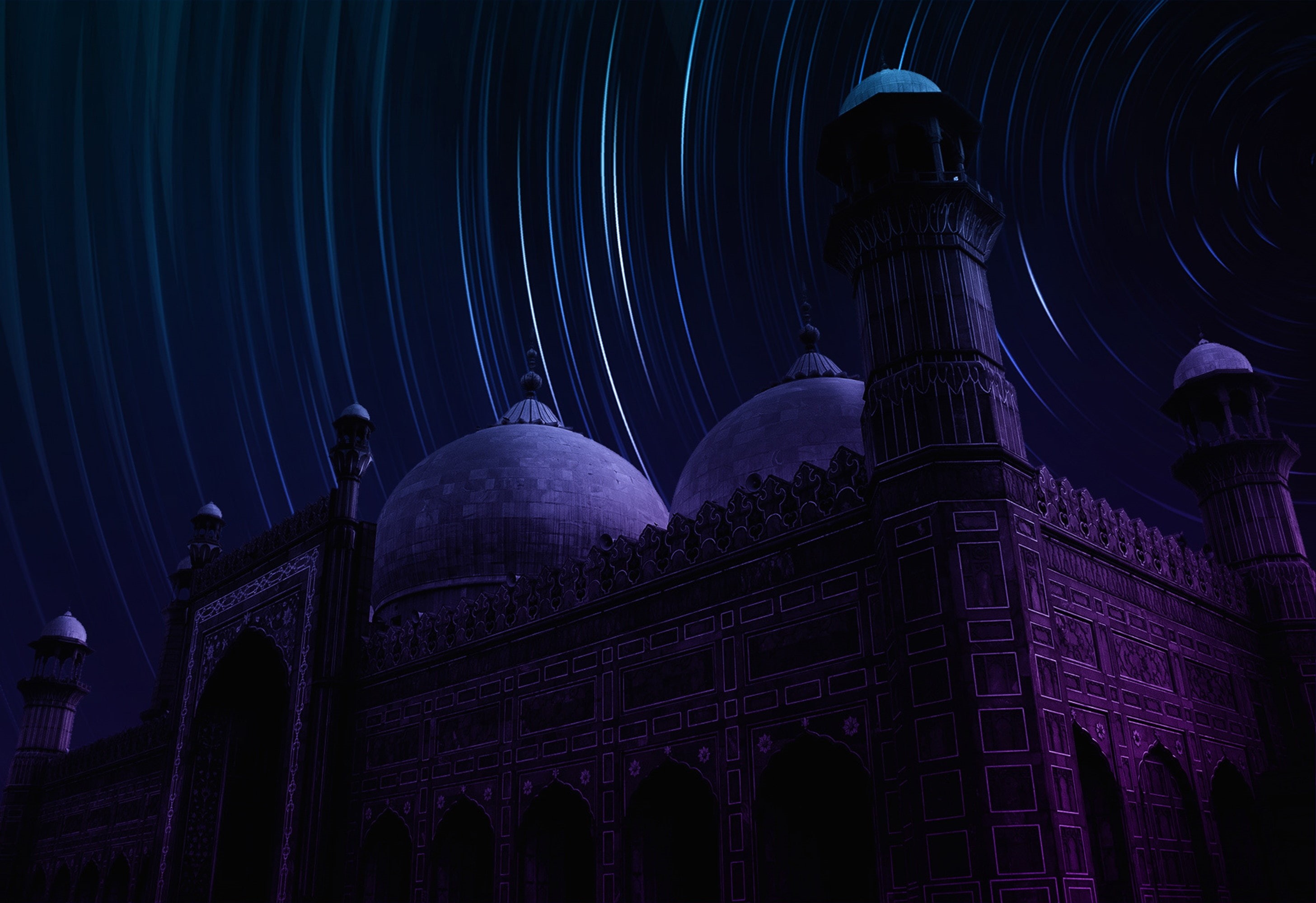Mughal architecture, Star trail, Pakistan, Night, 2K, Purple, Badshahi Mosque, Lahore, HD Wallpaper
