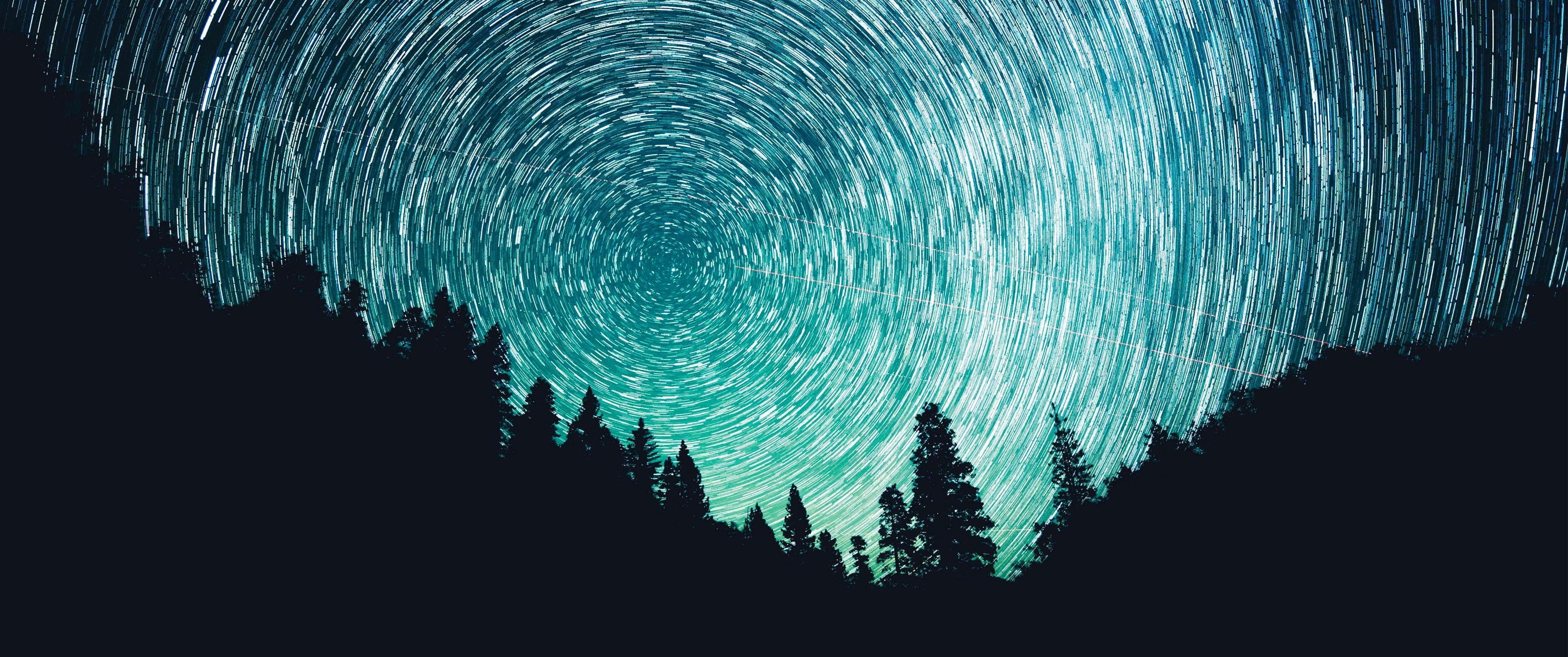 space, 2K, blurred motion, illuminated, scenics - nature, dark, star trail, long exposure, beauty in nature, aurora, silhouette, motion, teal, no people, HD Wallpaper