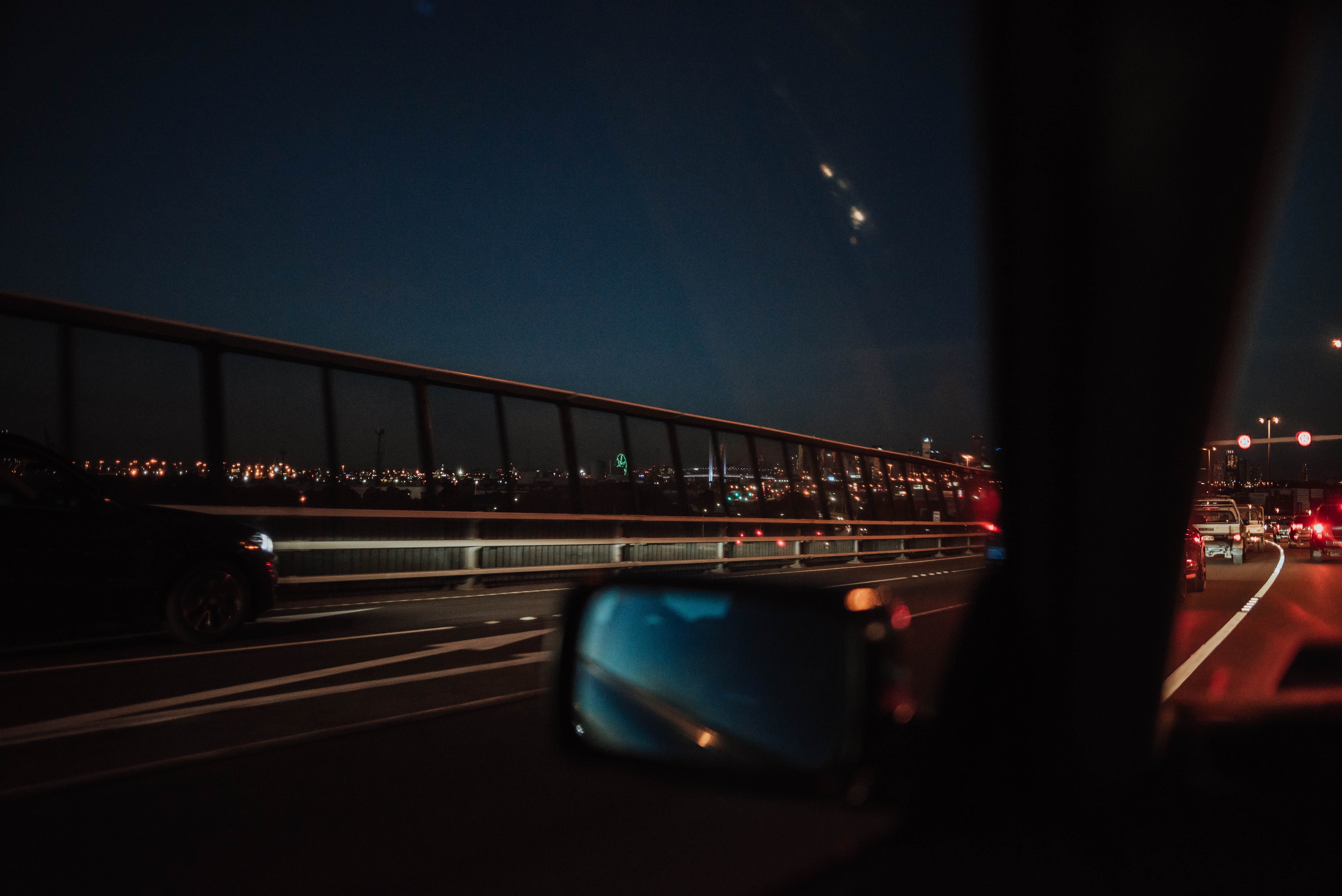 person, bridge, inside, traffic, barrier, vehicle, near, view, night, mode of transportation, speed, long exposure, retro, interior, 5K, blurred motion, HD Wallpaper