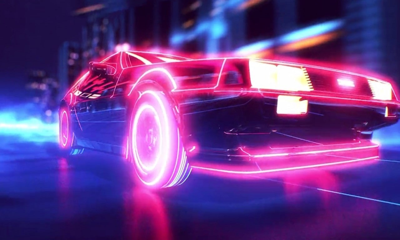 car, retro games, New Retro Wave, 720P, synthwave, 1980s, DeLorean, neon, HD Wallpaper