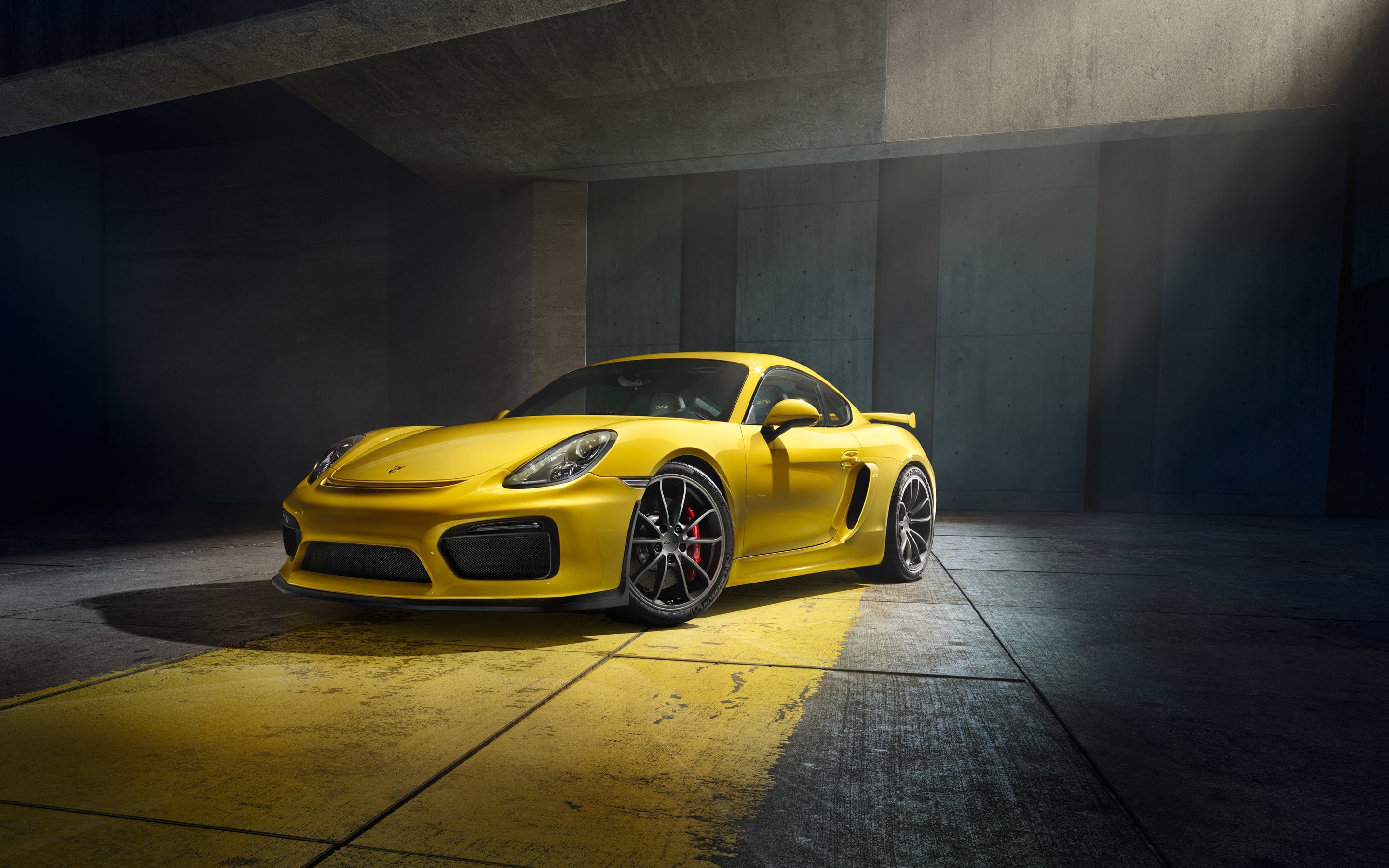 cast, taxi, Porsche Cayman GT4, built structure, flooring, sports car, 2K, transportation, yellow, land vehicle, architecture, wealth, model, city, luxury, HD Wallpaper