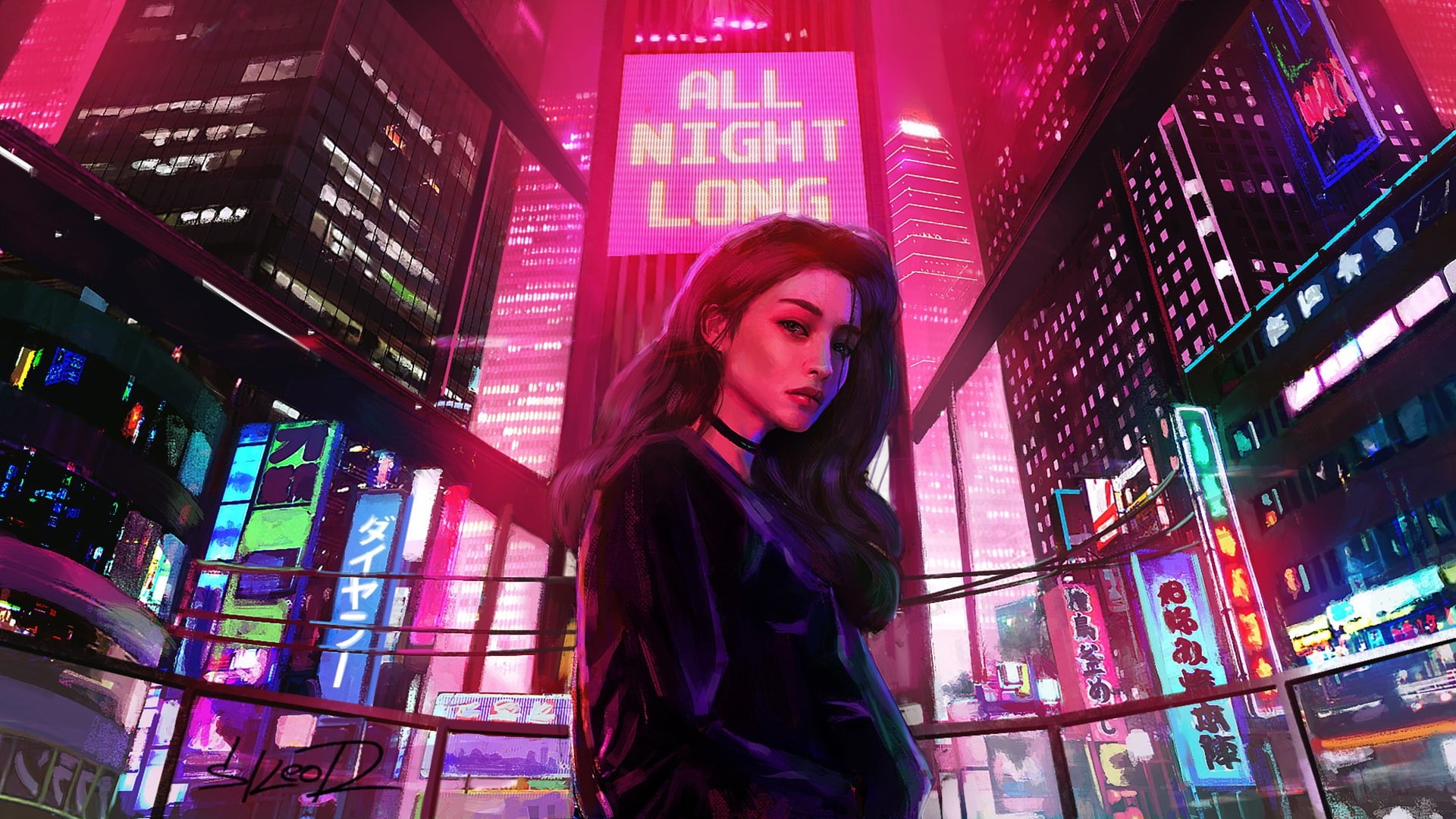 Night, Light, Synthpop, Lights, The city, Advertising, Neon, All night long, Retrowave, Synth pop, Tony Skeor, Synth, 1080P, Synthwave, Girl, Darkwave, HD Wallpaper