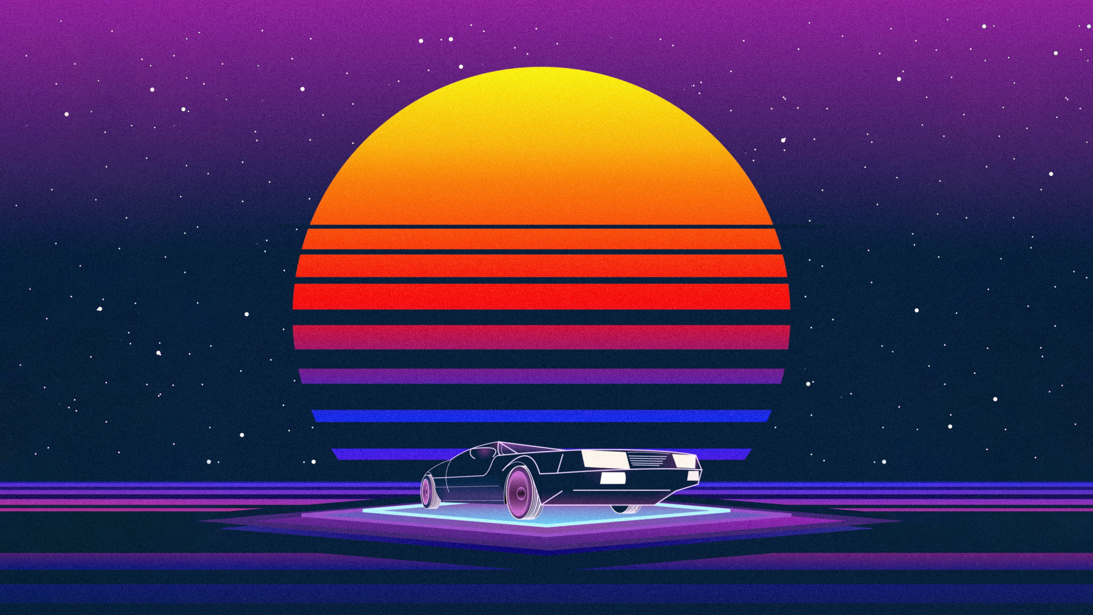 Retrowave, artwork, digital art, stars, neon, 2K, space, car, Sun, HD Wallpaper
