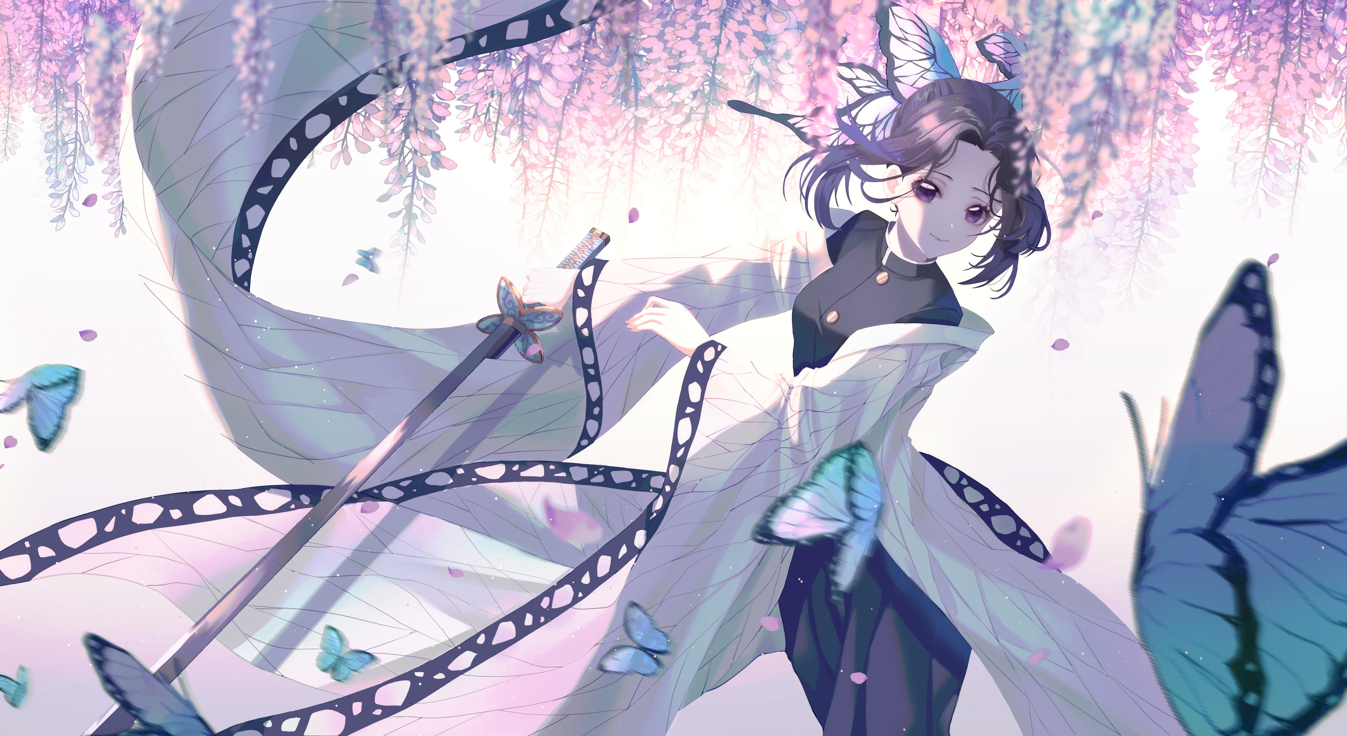 Shinobu Kochou, Butterfly, Girl, Anime, Sword, 4K, Demon Slayer: Kimetsu no Yaiba, HD Wallpaper