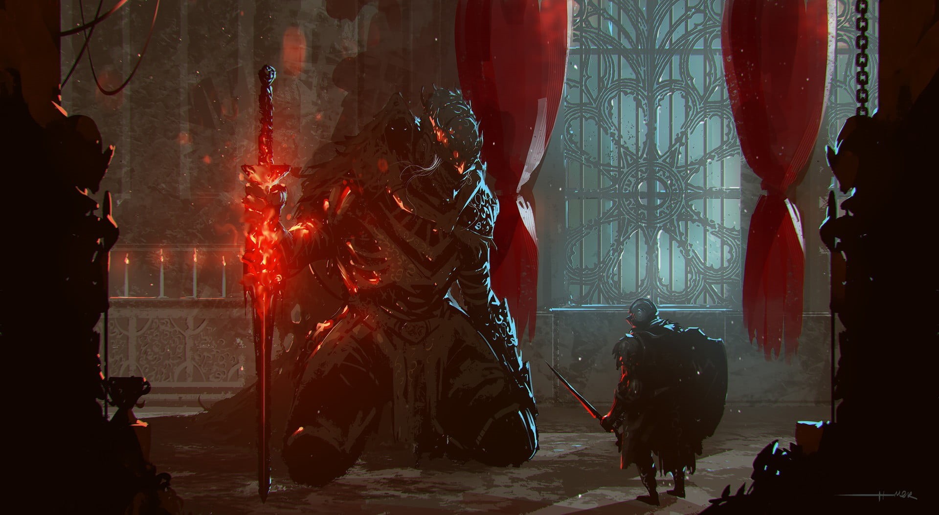 game, mammal, day, occupation, men, domestic animals, concept art, standing, window, nature, red, real people, architecture, people, 1080P, Dark Souls III, HD Wallpaper