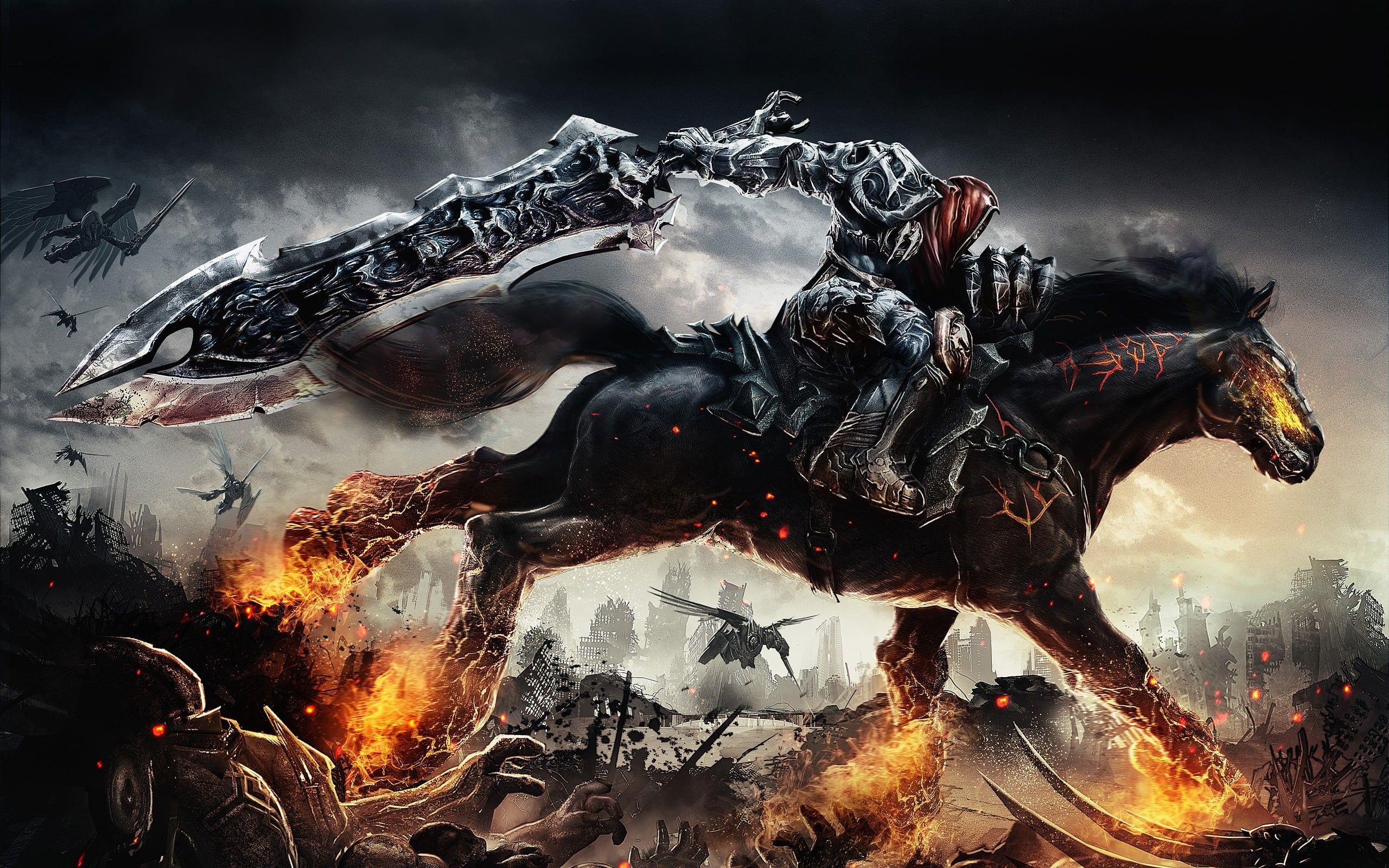 animal themes, apocalyptic, hell, outdoors, water, Darksiders, animal, motion, demon, black color, illustration, heat - temperature, animal representation, HD Wallpaper