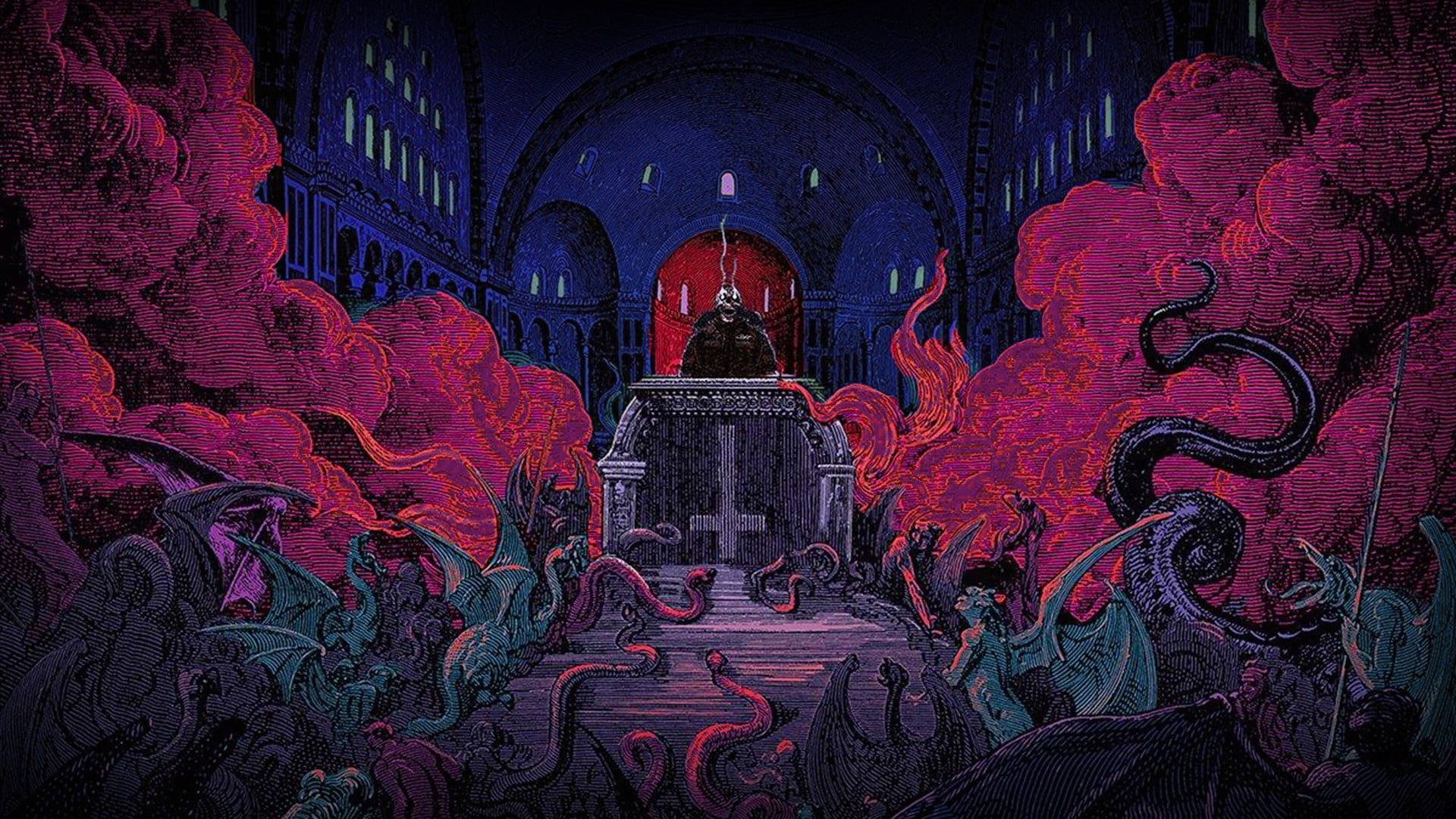 demons, built structure, demon, skull, disc jockey, Gustave Doré, the past, smoke, history, place of worship, tourism, creature, synthwave, no people, HD Wallpaper
