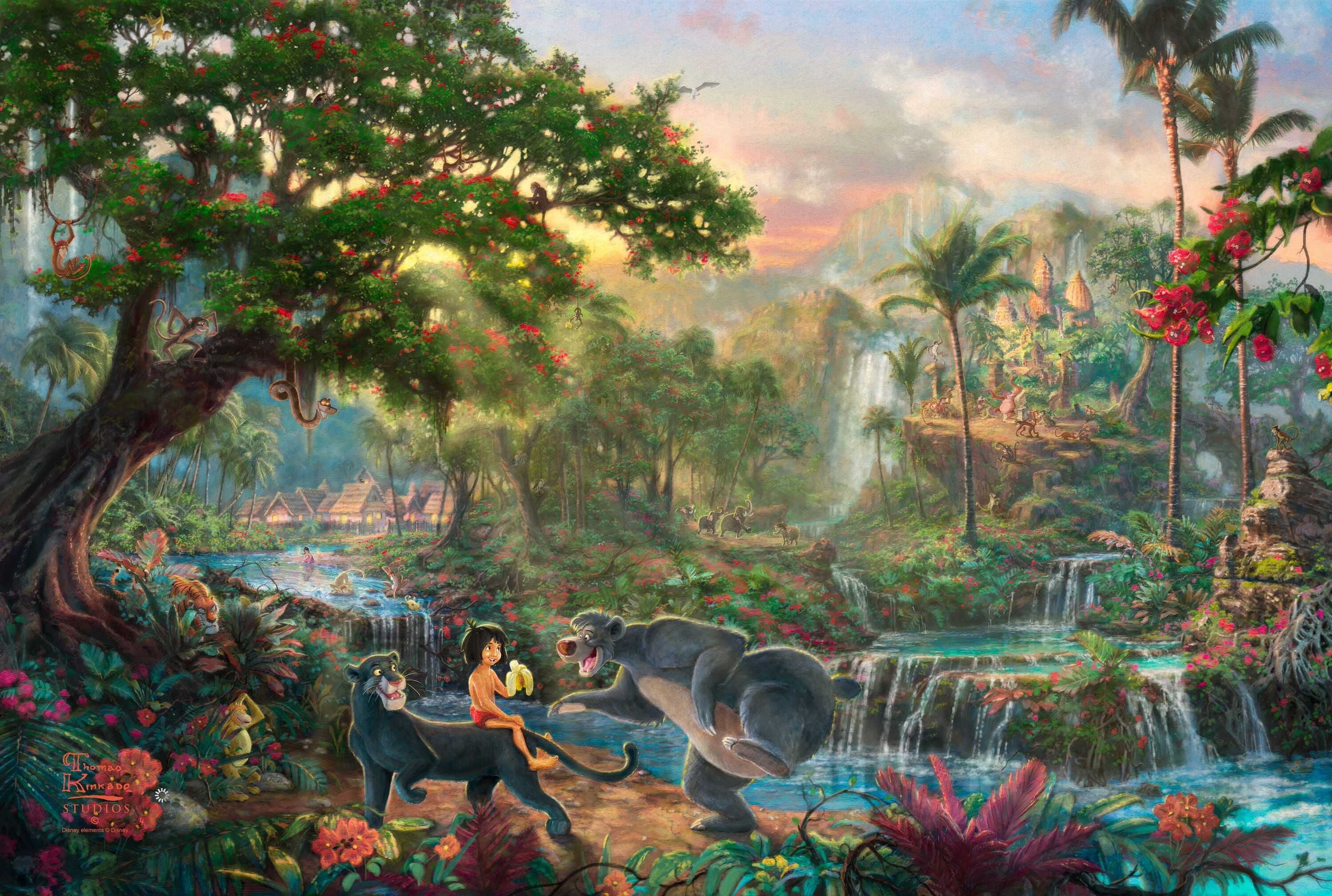 full length, waterfalls, backgrounds, two people, day, houses, fantasy, flowers, 2K, spirituality, tiger, plant, paintings, animated film, growth, jungle, HD Wallpaper