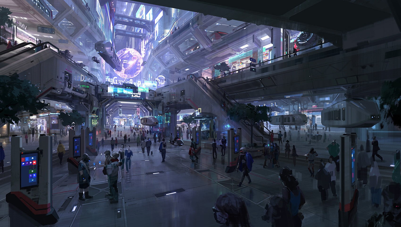 walking,  Mall , 720P, high angle view, chenxi kang, illustration, architecture, city life, still, large group of people, group of people, illuminated, HD Wallpaper