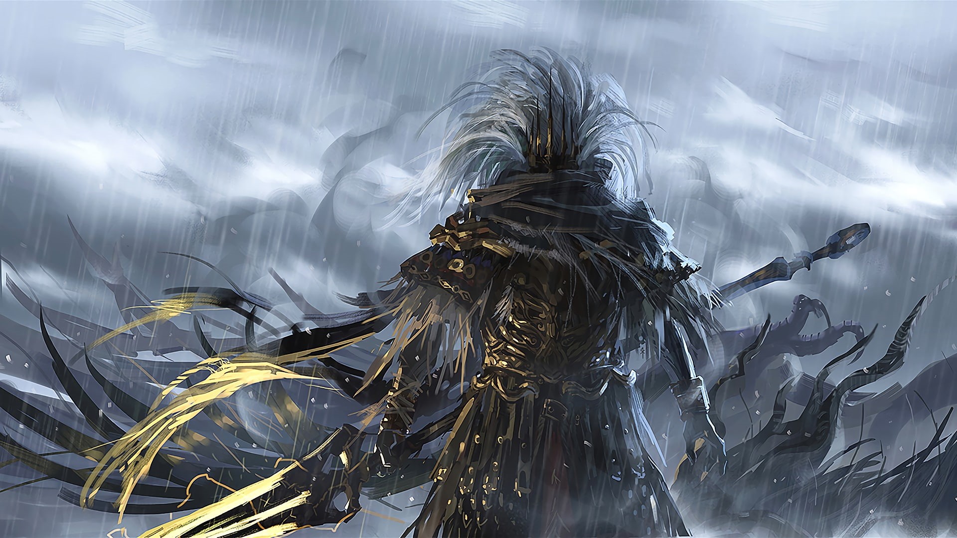 digital art, rain, spear, Dark Souls, Dark Souls III, 1080P, Nameless King, artwork, video games, HD Wallpaper