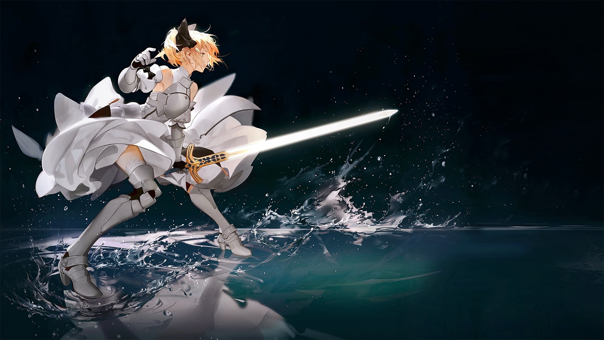 women, nature, Fate Series, holding, 1080P, Fate/Unlimited Codes, girl, blonde, Saber Lily, digital composite, thigh-highs, summer, water, beauty in nature, HD Wallpaper