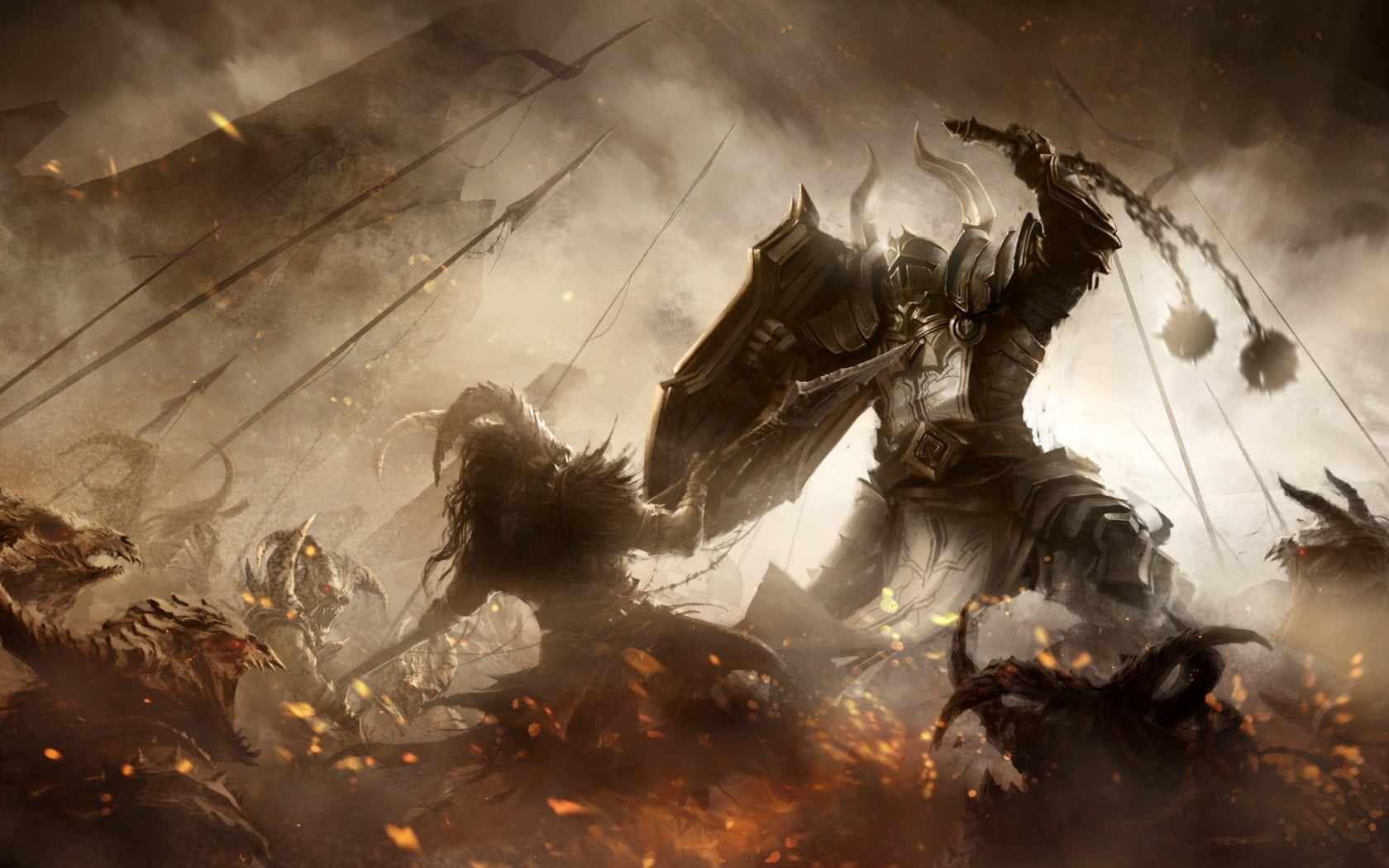 Diablo III, tree, warrior, domestic animals, guild, cloud - sky, animal, representation, illuminated, Diablo, animal representation, game, low angle view, HD Wallpaper