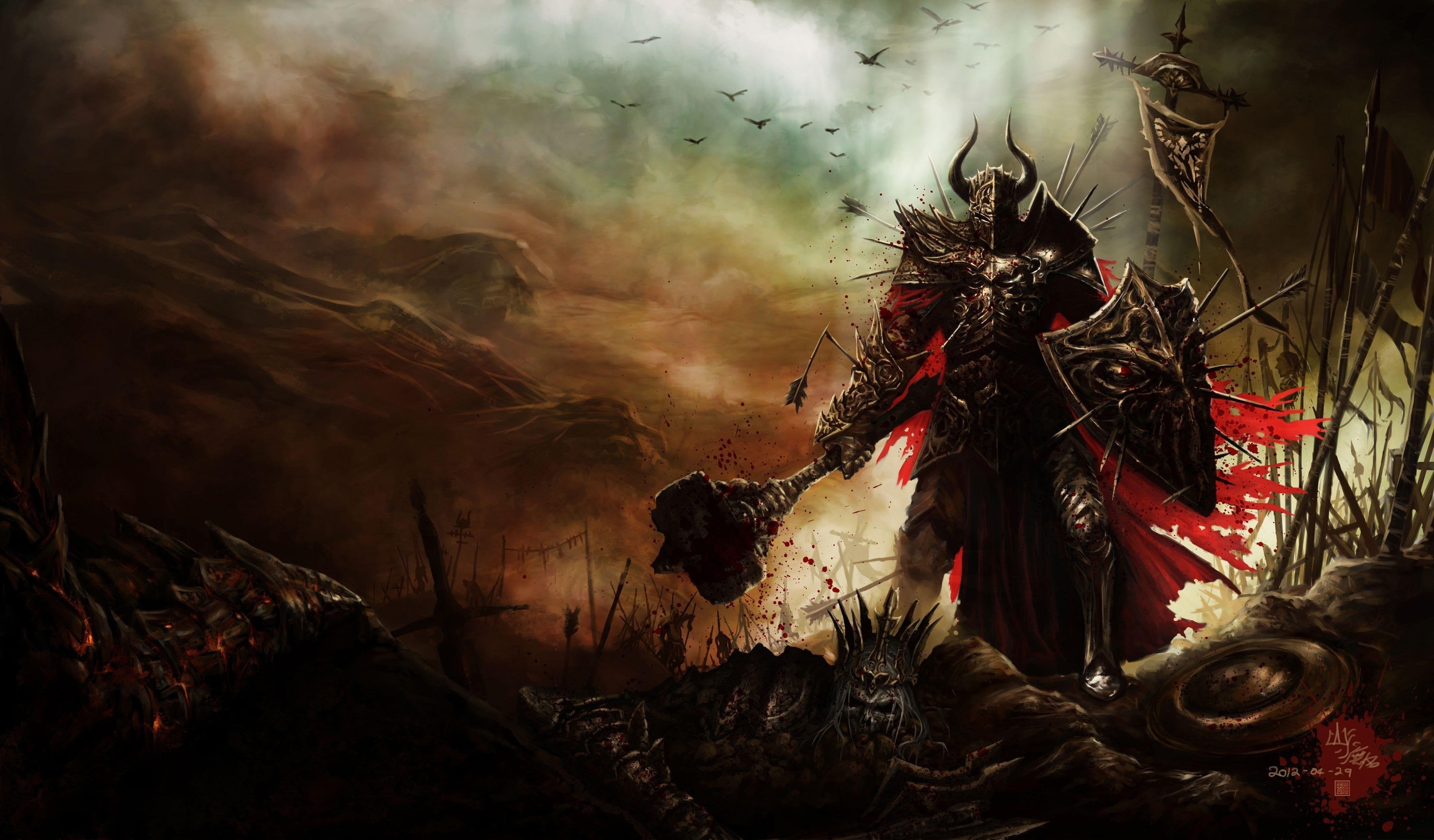 shield, digital, artwork, blood, death, war, outdoors, event, spirituality, art and craft, hammer, day, fantasy art, disguise, religion, christmas, representation, HD Wallpaper
