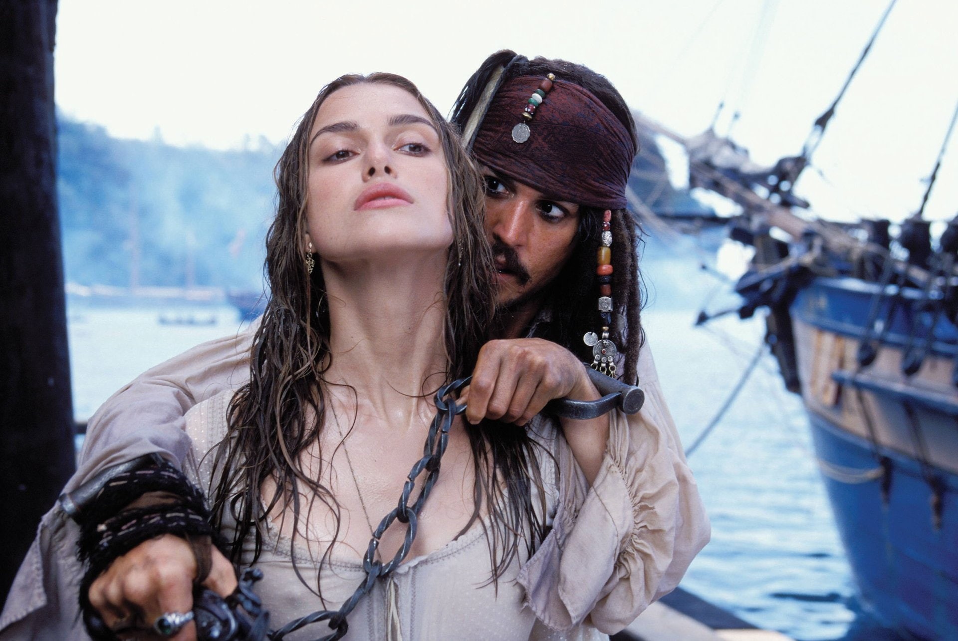 adult, 1080P, hair, togetherness, sailboat, Jack Sparrow, water, portrait, Keira Knightley, Elizabeth Swann, nautical vessel, nature, heterosexual couple, HD Wallpaper