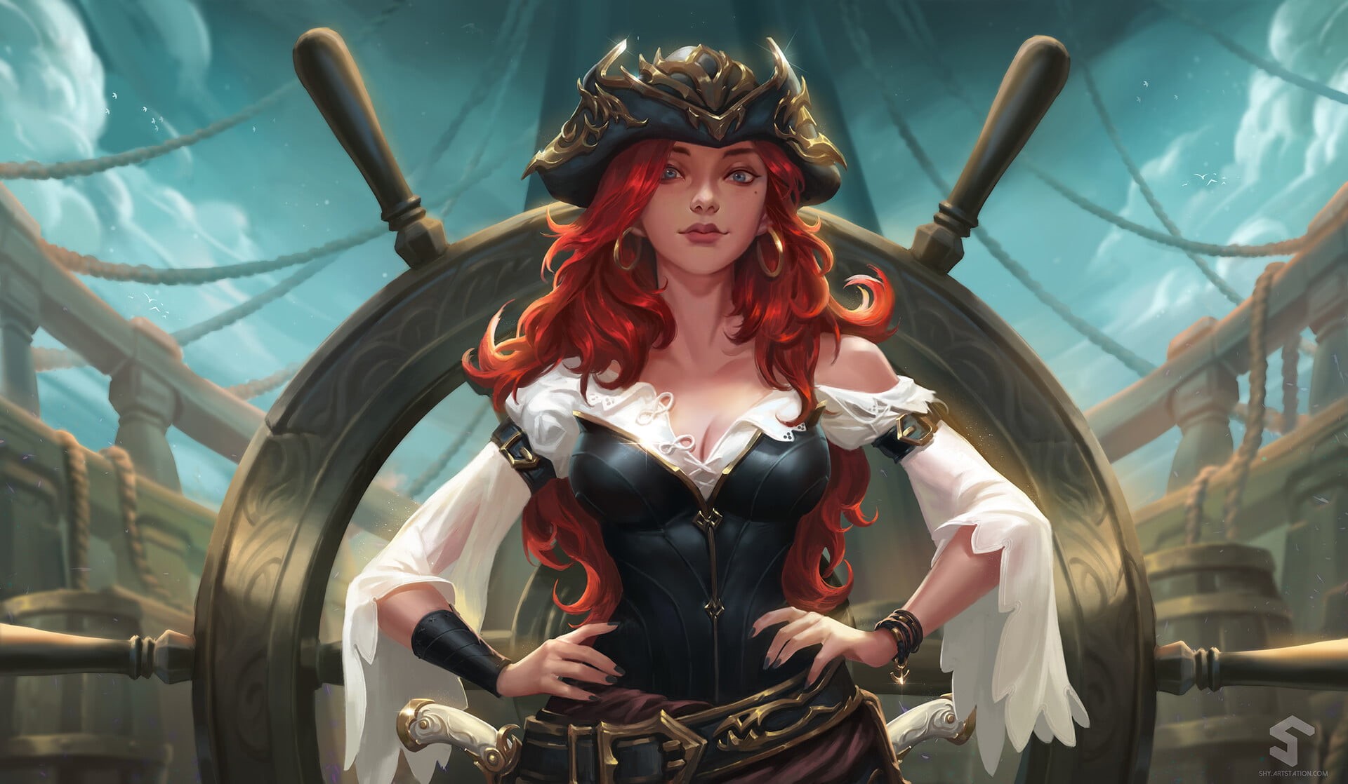 looking at viewer, 1080P, Miss Fortune, artwork, League of Legends, video games, blue eyes, digital art, pirates, Miss Fortune (League of Legends), redhead, HD Wallpaper