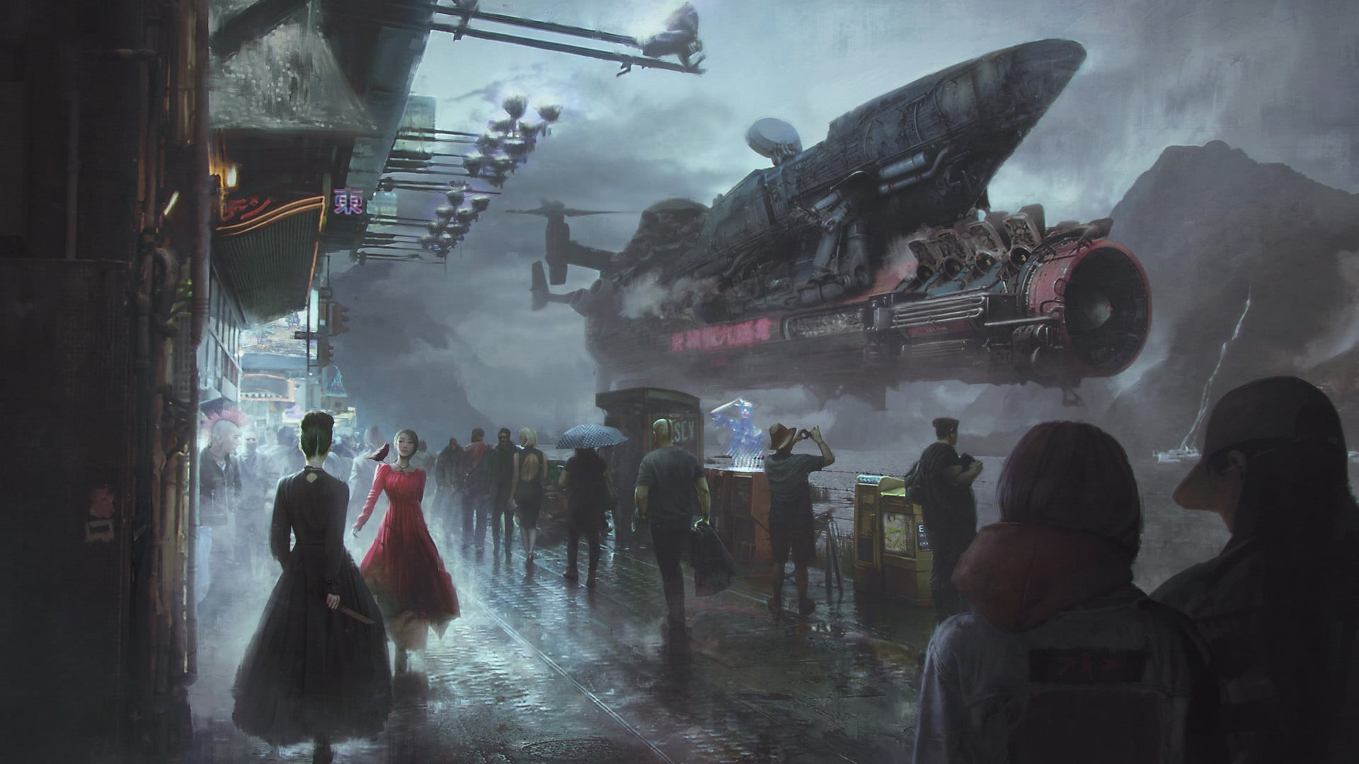 spirituality, smoke, illustration, station, women, adult, smoke - physical structure, street, architecture, belief, Dani Naimare, cyberpunk, night, science fiction, HD Wallpaper