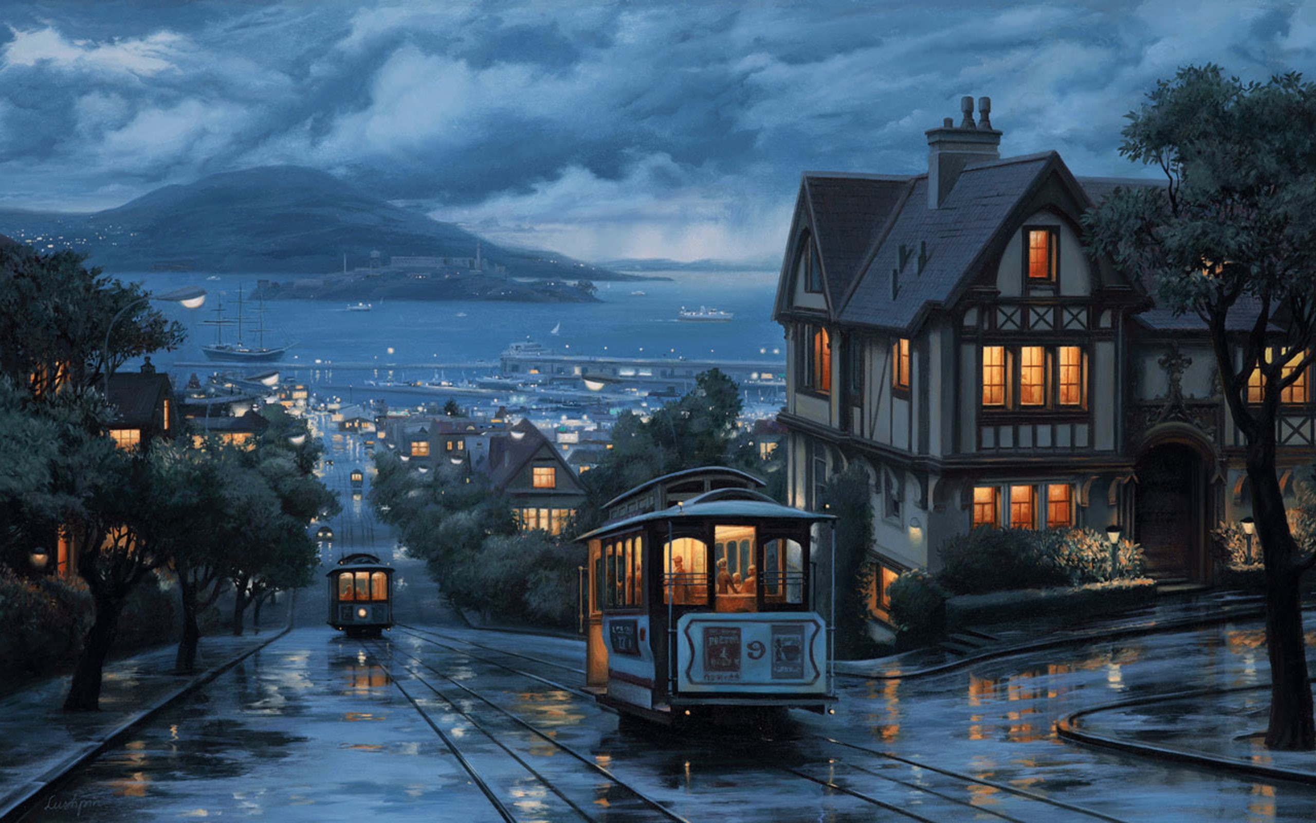 tram, trees, the sky, 2K, Lushpin, steep, clouds, mountains, the city, tram tracks, city, alley, sky, painting, view, homes, puddles, Eugeny Lushpin, lantern, HD Wallpaper