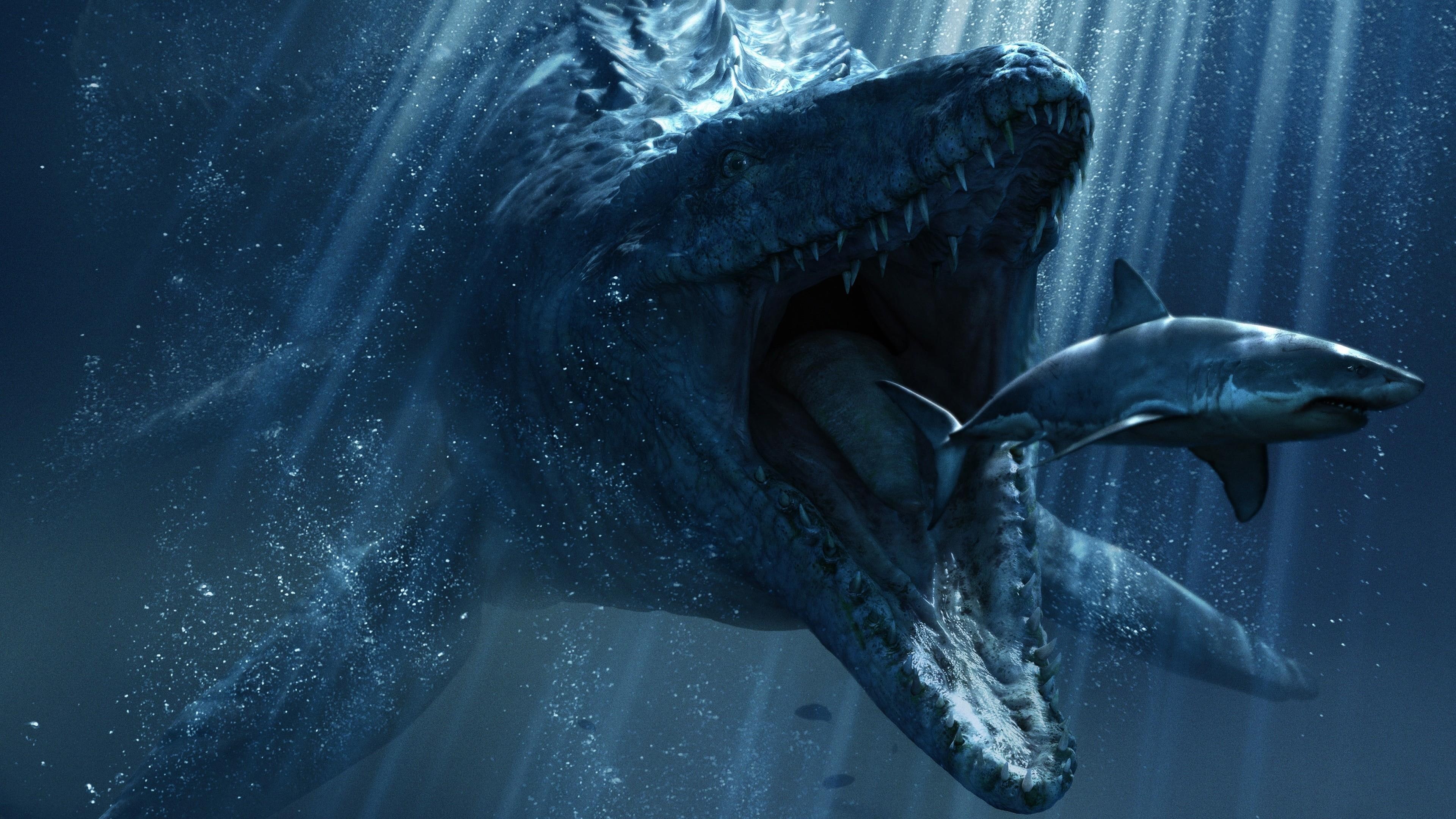 prehistoric animal, 4K, big, food, animal, shark, eat, ocean, fantasy art, blue, HD Wallpaper