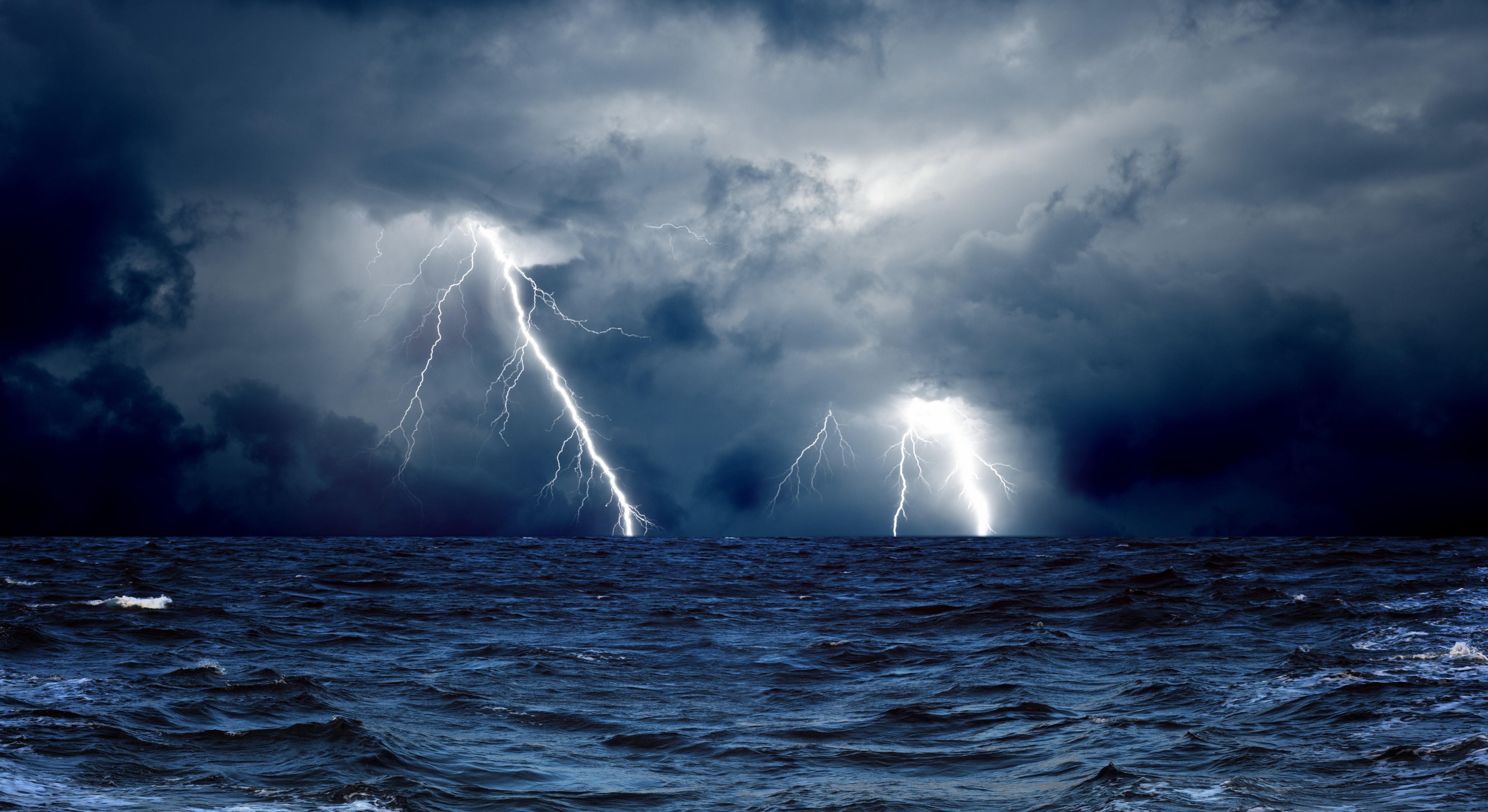 waves, sea, storm, lightning, 5K, ocean, clouds, HD Wallpaper