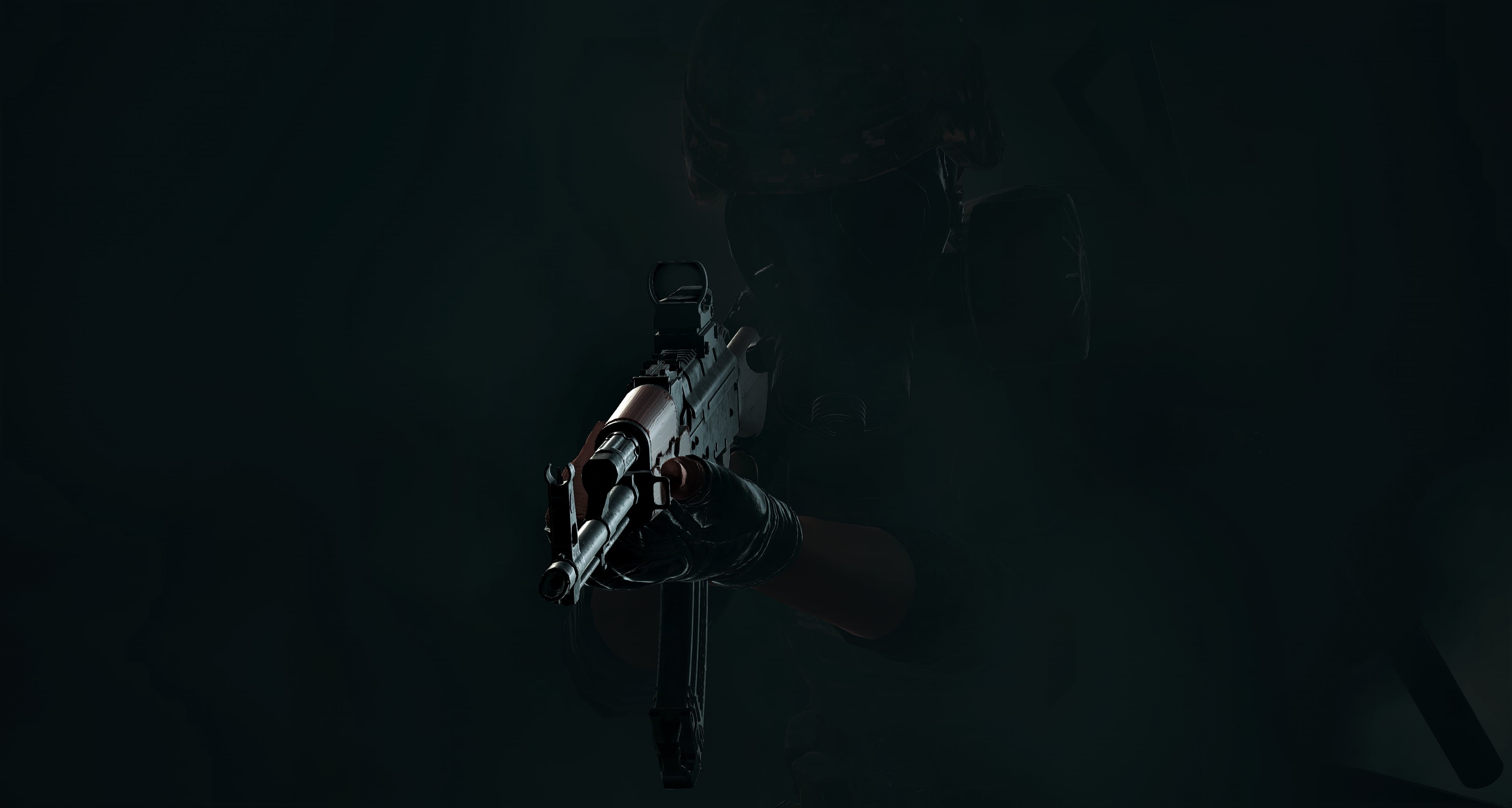 rifle, warning sign, holding, studio shot, 2K, pubg, one person, dark, aggression, protection, men, sign, hd, 4k, real people, risk, 2018 games, games, HD Wallpaper