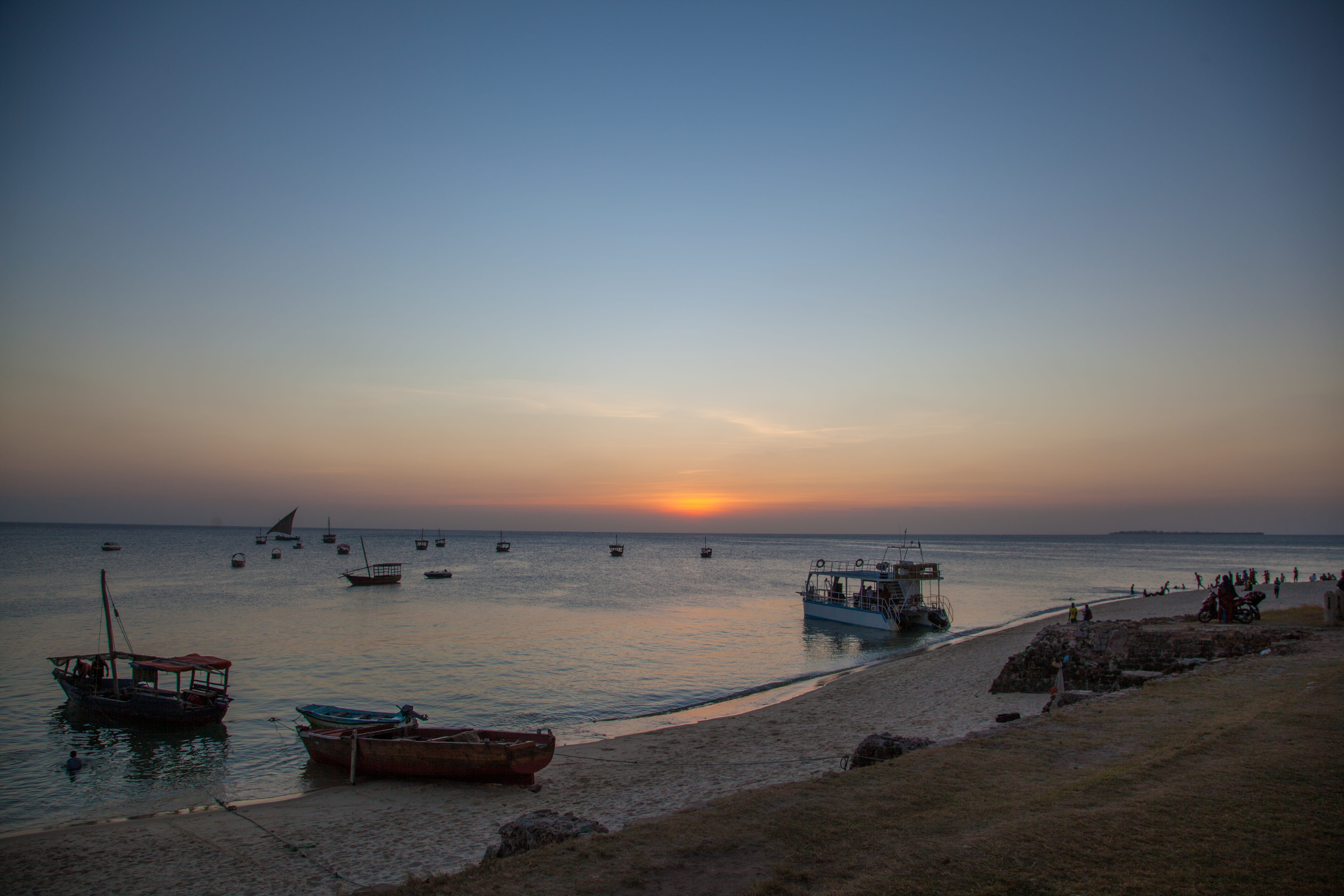 sky, photography, zanzibar, boats, mode of transportation, clear sky, water, beach, color, vacation, horizon, sunset, indianocean, beauty in nature, tanzania, HD Wallpaper