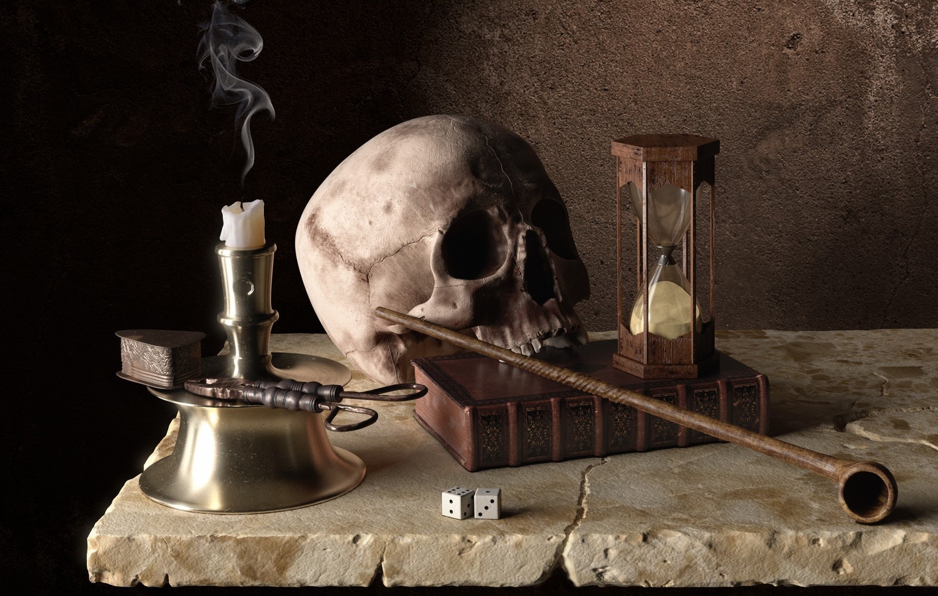 flint, art, 1080P, bones, skull, time, Memento Mori, Buyukyilmaz Honor, book, candle, hourglass, tube, HD Wallpaper