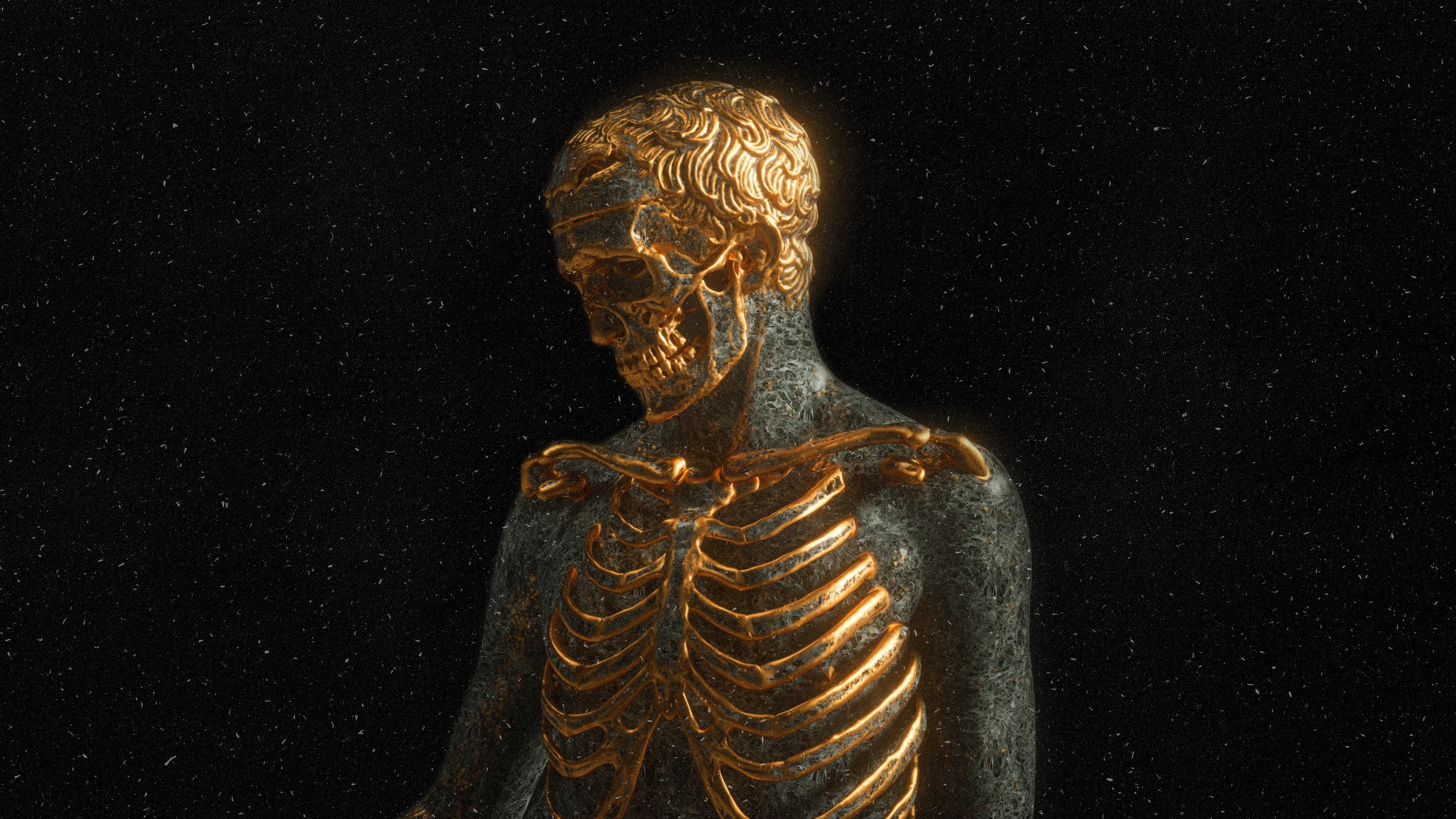 skeleton, 4K, darkness, teeth, bones, gold, human, gold plated, skull, HD Wallpaper