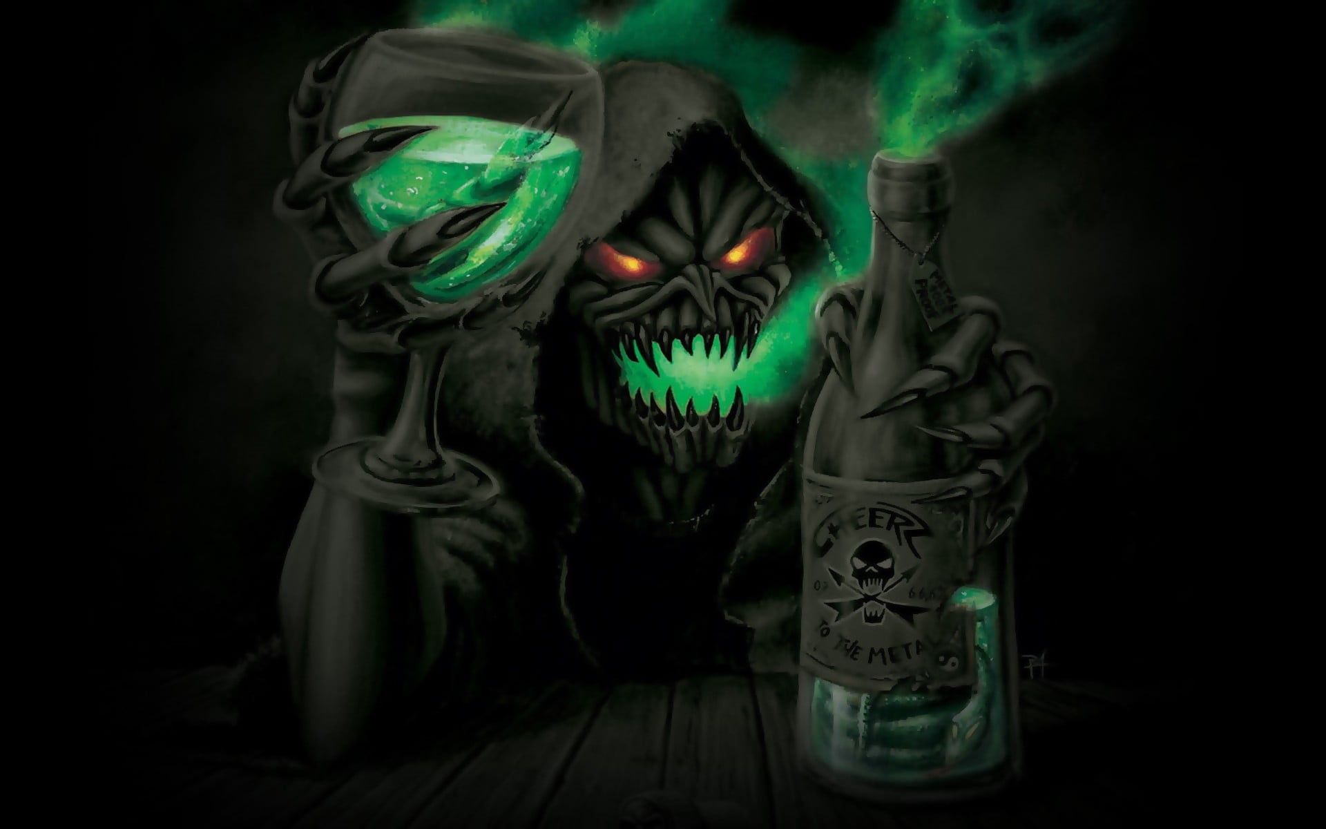 human bone, bizarre, ghost, celebration, fear, human skull, glasses, digital, bottle, 1080P, reaper, black background, knife - weapon, halloween, HD Wallpaper