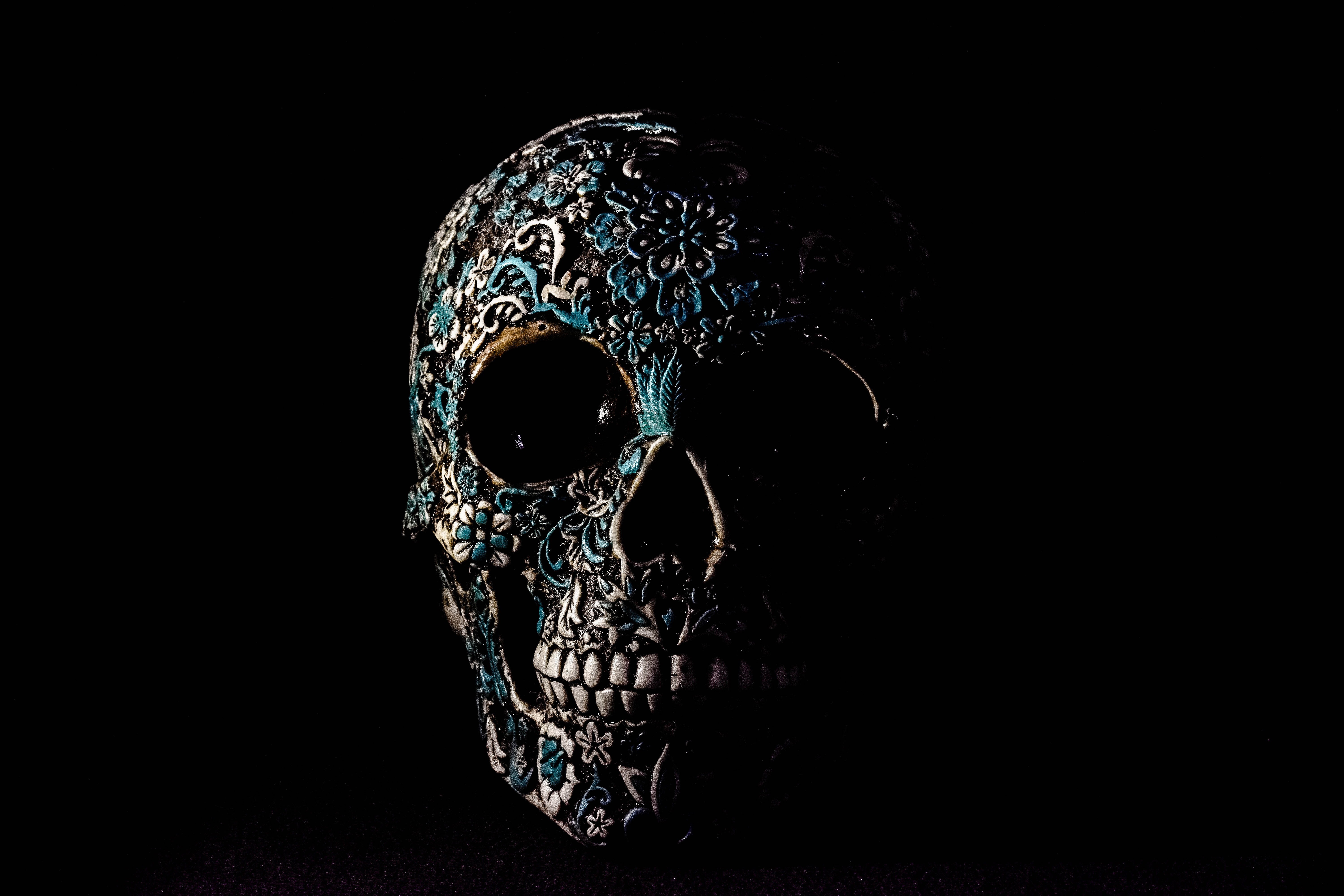 copy space, close-up, skull, mask - disguise, human skull, studio shot, single object, head, gothic, design, mexican, disguise, black background, bone, HD Wallpaper