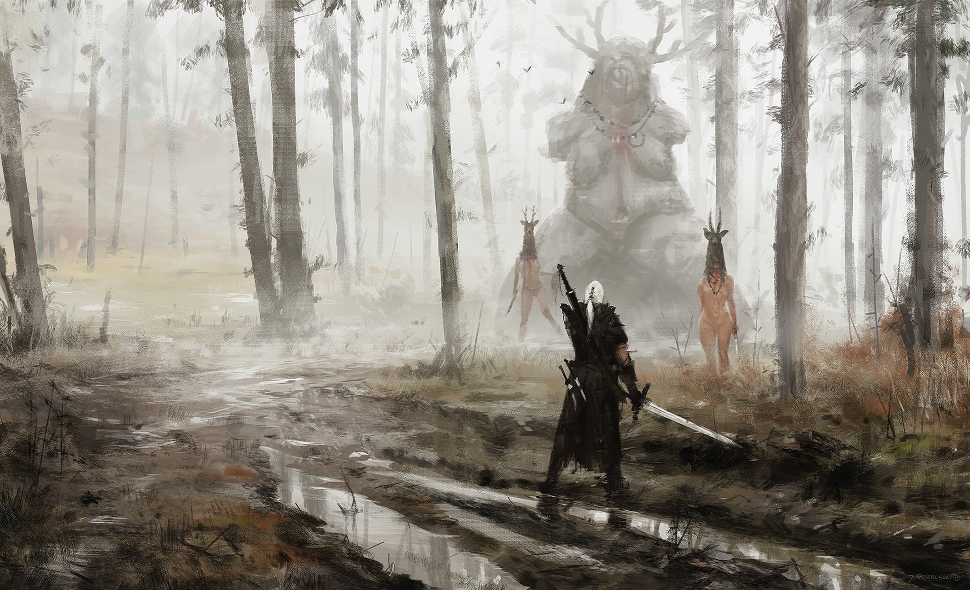 nature, tree, no people, outdoors, The Witcher, screenshot, 1080P, forest, videogame, land, day, environment, art and craft, plant, Geralt of Rivia, human representation, HD Wallpaper