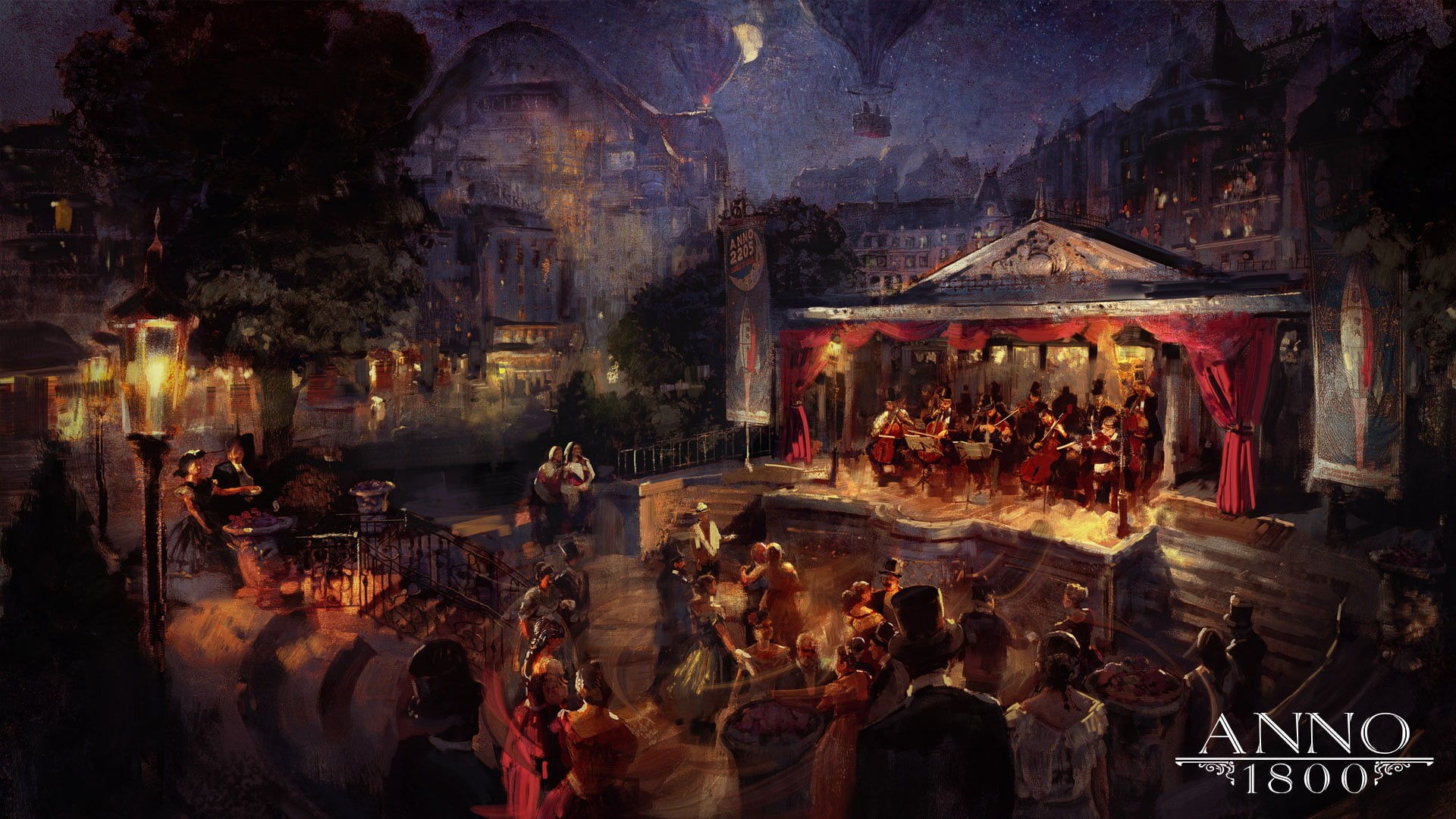 1800s, orchestra, Anno 1800, concept art, digital art, Ubisoft, 1080P, music, night, artwork, concert hall, concerts, HD Wallpaper