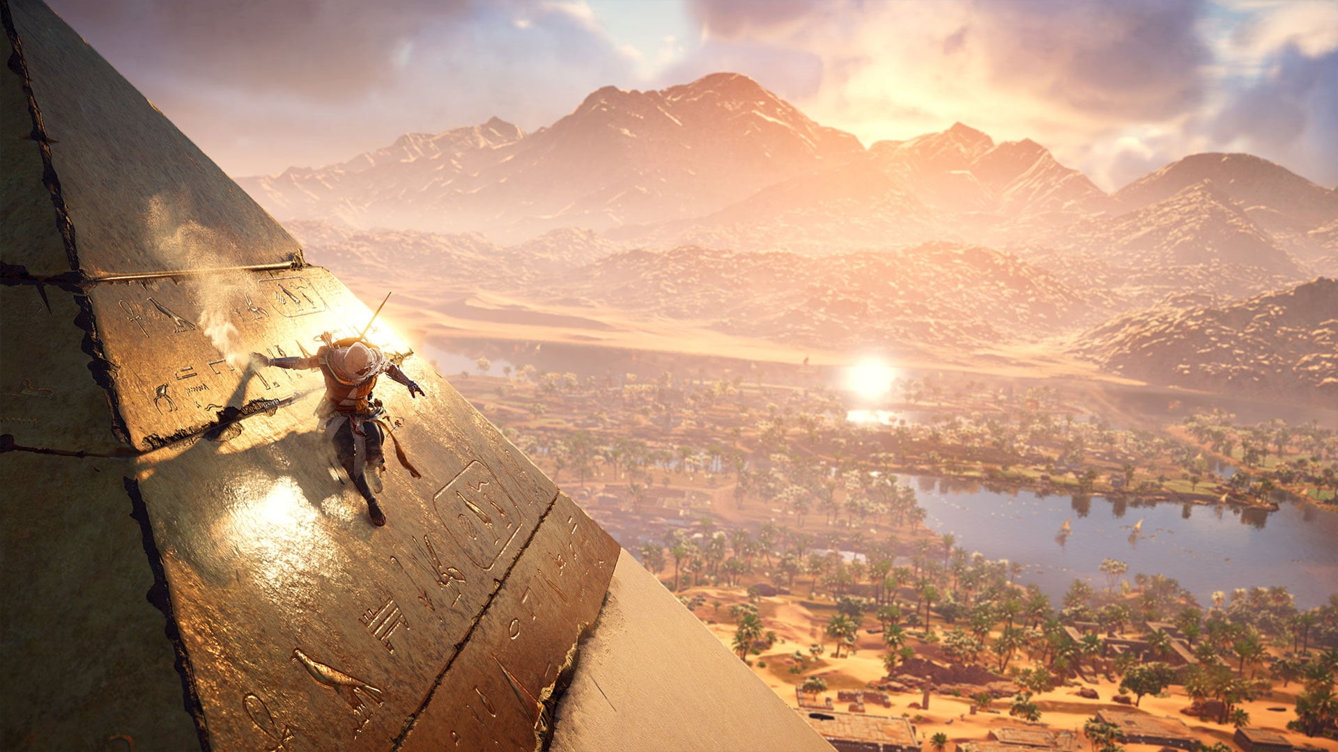 Ubisoft, architecture, man, one person, outdoors, men, lake, water, tranquility, desert, nature, real people, lens flare, mountain range, sunlight, HD Wallpaper