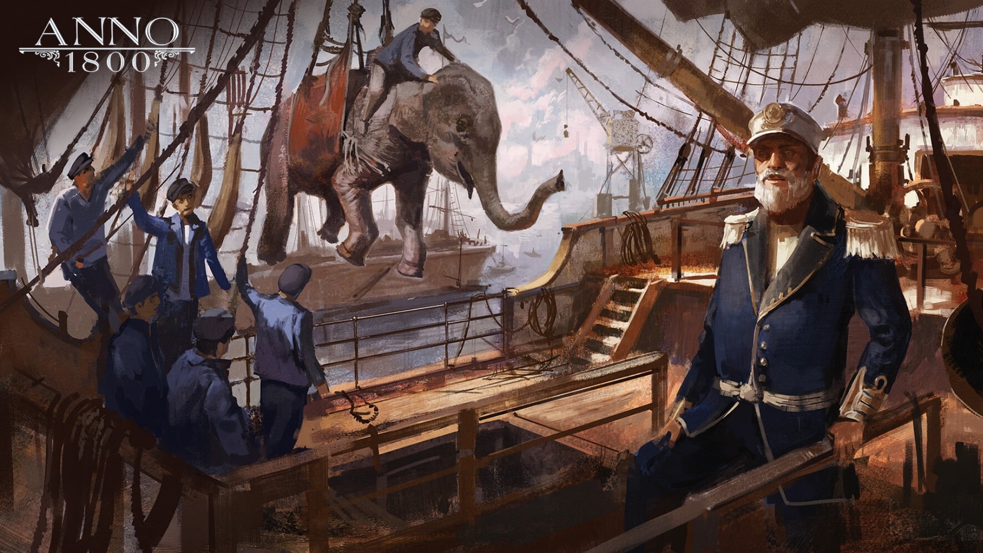 1080P, artwork, digital art, concept art, rigging (ship), sailing ship, Ubisoft, elephant, Anno 1800, 1800s, HD Wallpaper