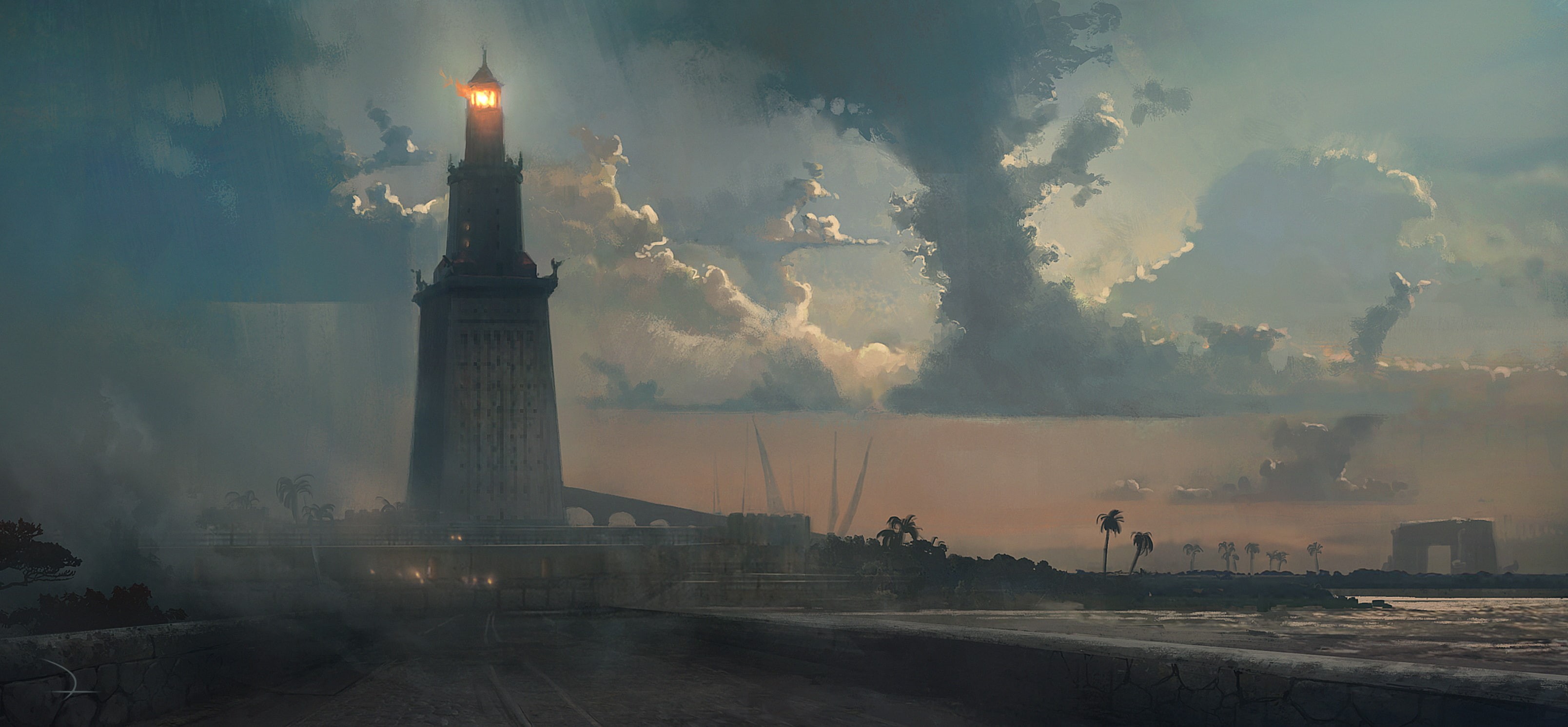 Alexandria(Egypt)  landscape  artwork  Assassins Creed  video games  Assassins Creed: Origins  Ubisoft  Egypt  lighthouse, 2K, HD Wallpaper
