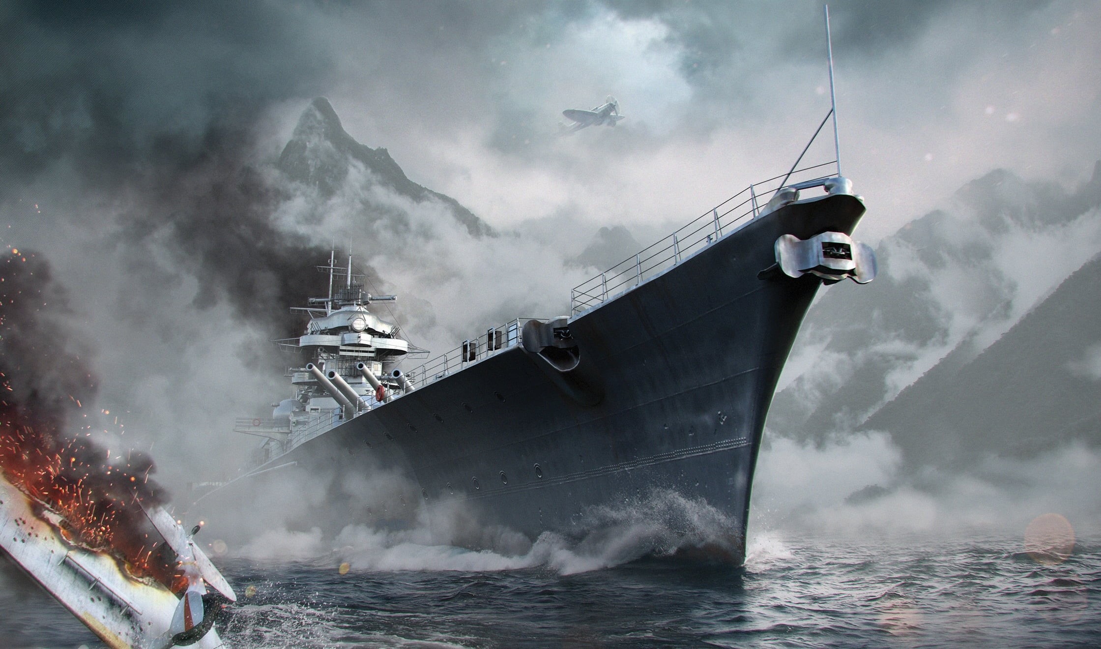 storm, sailboat, mode of transportation, Mountains, Wargaming Net, motion, cloud - sky, illustration, Sea, nature, Water, World of Warships, WoWS, smoke - physical structure, HD Wallpaper