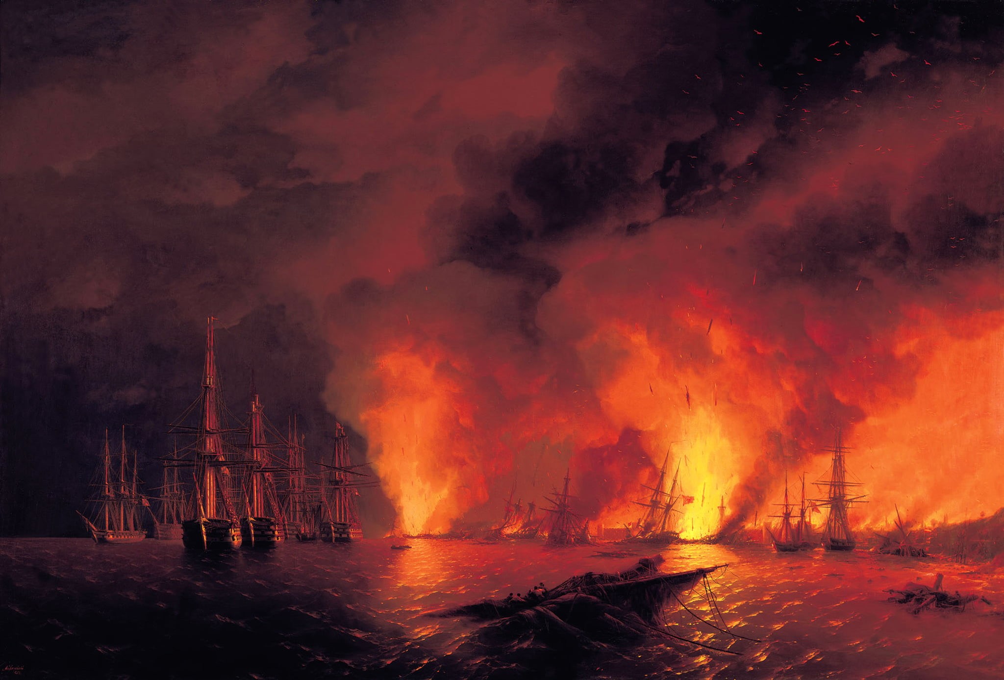 the battle, destruction, warning sign, flame, fire, Ivan Aivazovsky, battle, nature, fire - natural phenomenon, 1080P, sign, night, communication, beauty in nature, HD Wallpaper