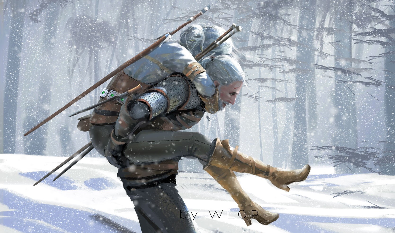 snowing, holding, snow, The Witcher, 720P, winter, real people, Cirilla, military, two people, gun, Geralt of Rivia, outdoors, witcher, WLOP, cold temperature, HD Wallpaper