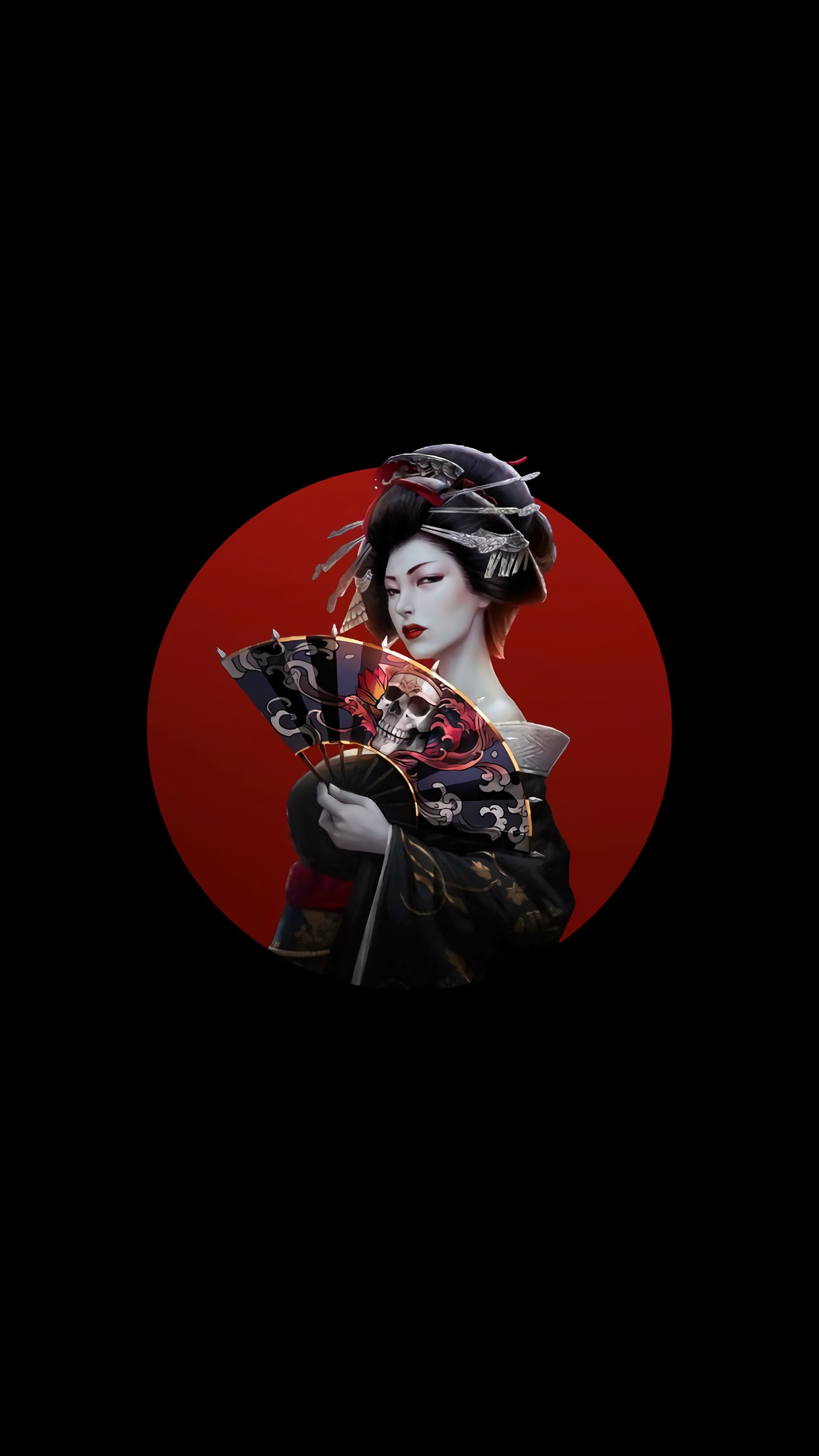 simple background, Japan, 4K, women, dark hair, artwork, Asian, amoled, skull, Phone HD Wallpaper