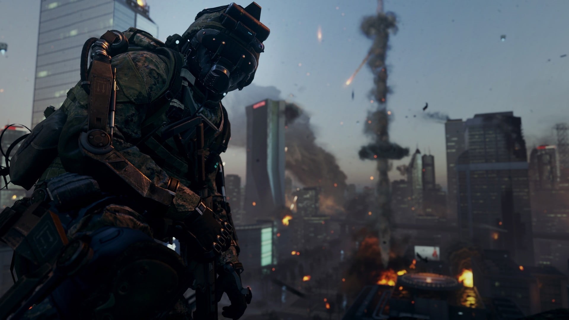 1080P, real people, safety, Call of Duty: Advanced Warfare, city, equipment, dusk, urban Scene, duty, outdoors, night, call, sky, street, game, security, HD Wallpaper