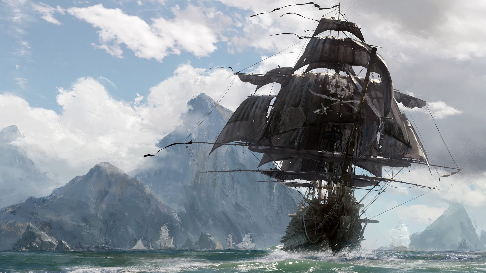 Pirate ship, nature, no people, transportation, video games, sunlight, beauty in nature, gray, Skull and Bones, outdoors, mode of transportation, scenics - nature, HD Wallpaper