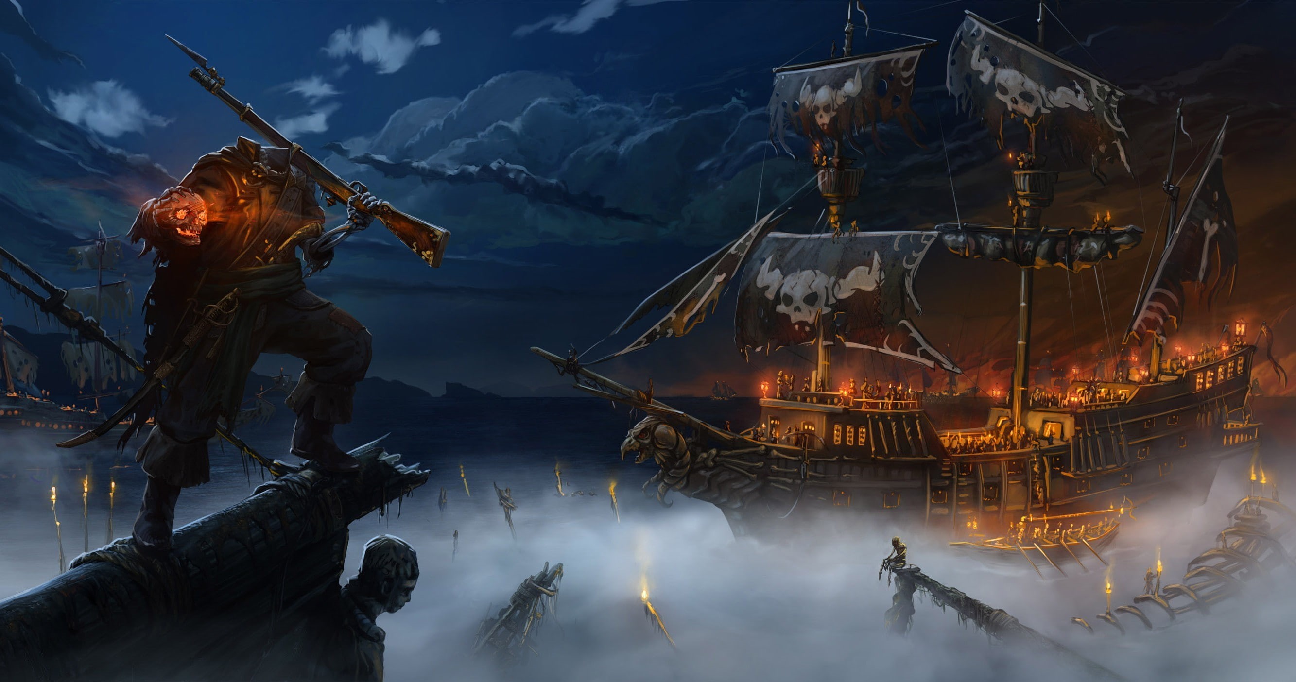 night, 2K, without a head, history, skull, famous Place, cold temperature, sky, fire, men, real people, transportation, digital, sea, fire - Natural Phenomenon, HD Wallpaper