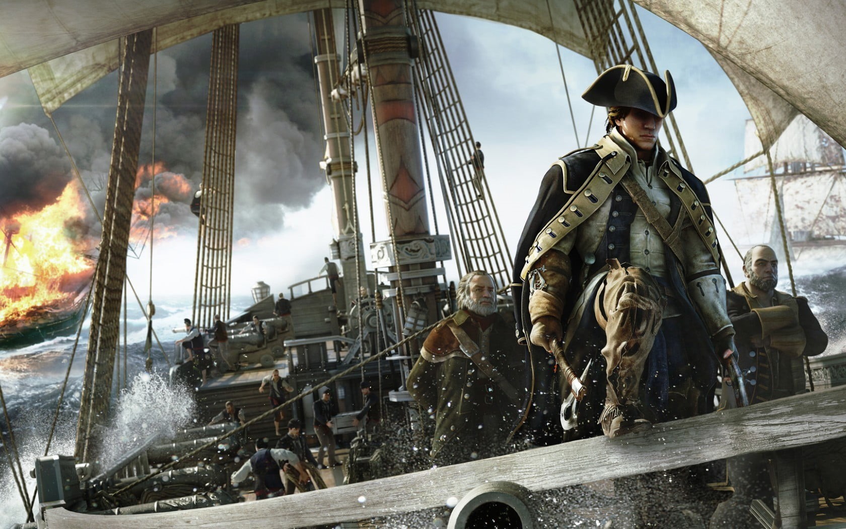 headwear, digital art, occupation, sailing ship, full length, men, ship, uniform, nature, splashing, working, 720P, helmet, Assassins Creed, video games, HD Wallpaper