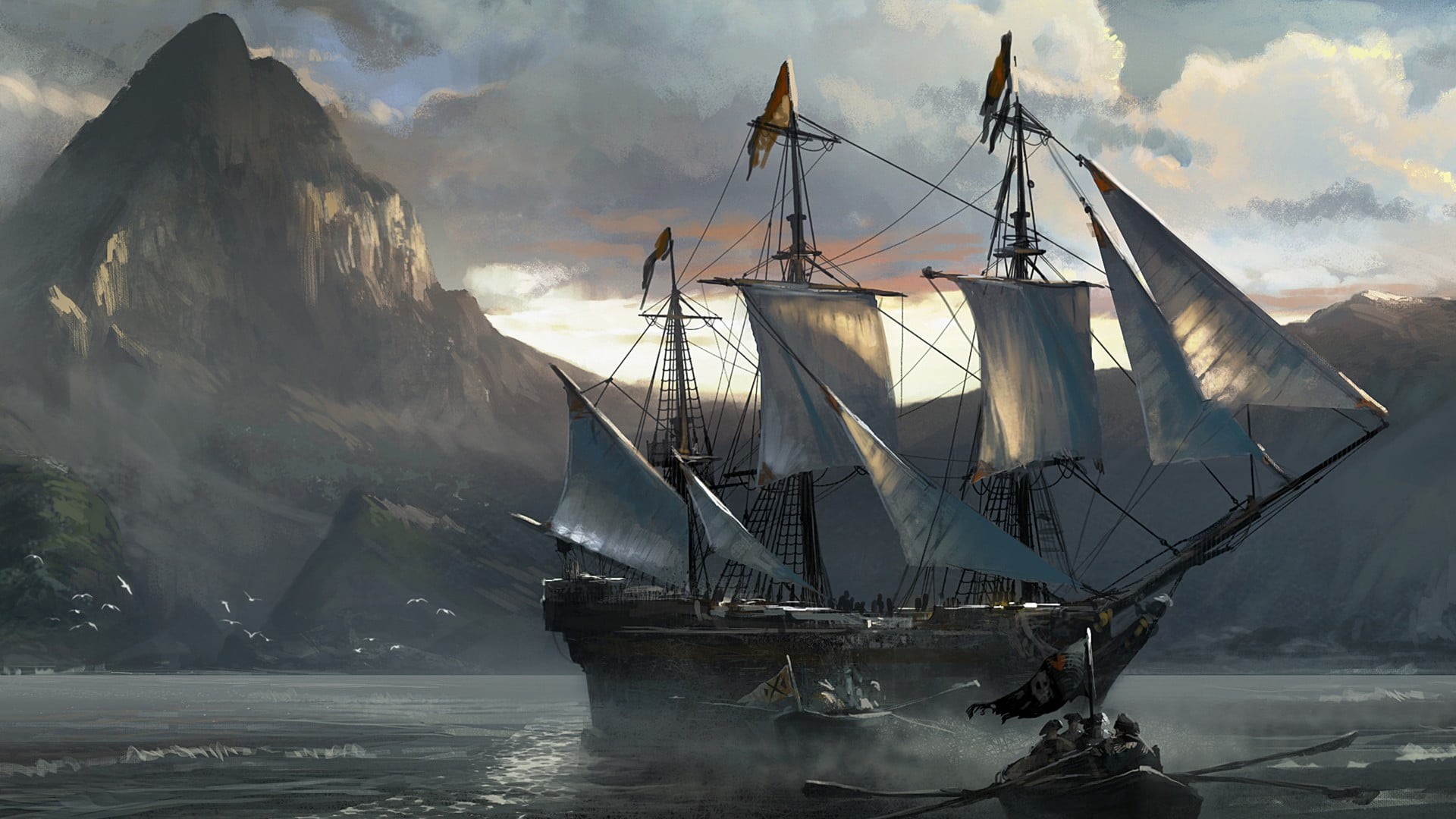 brown, white, beauty in nature, cloud - sky, day, nature, 1080P, mast, sailing ship, water, sea, Assassins Creed: Black Flag, nautical vessel, transportation, HD Wallpaper