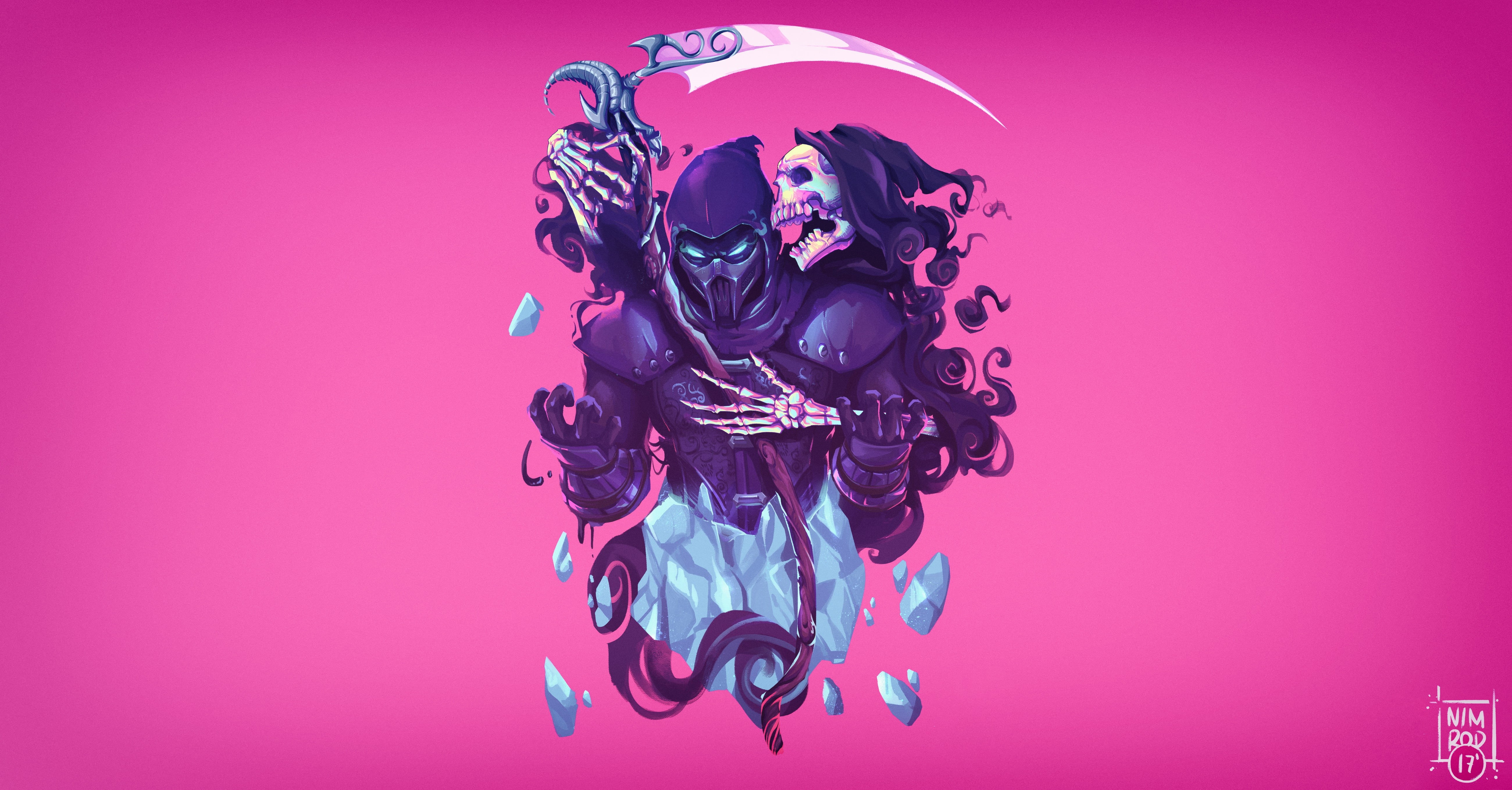 vitality, blue, Grim Reaper, colored background, hairstyle, reaper, body part, skull, Video Game Art, artwork, Noob Saibot, pink background, studio shot, HD Wallpaper