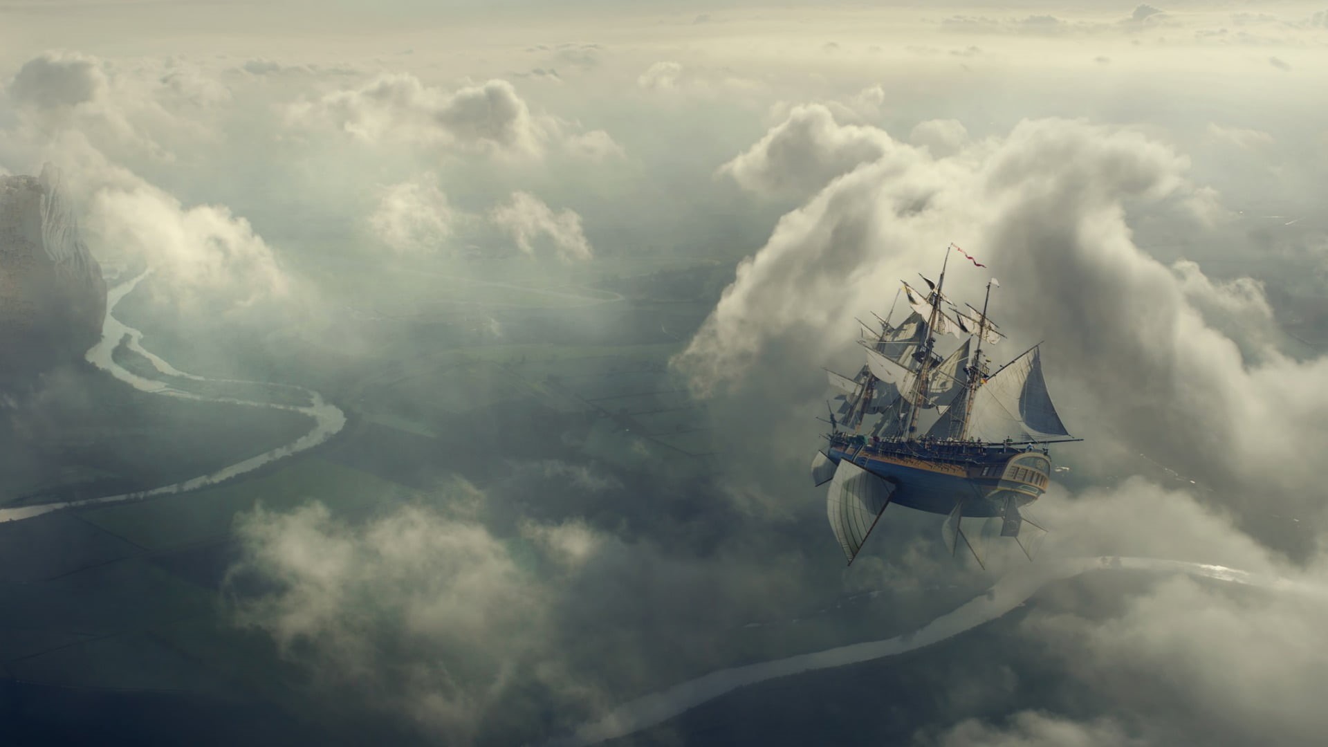 water, concept art, sky, scenics - nature, sailing ship, motion, day, ship, gray, pirate, beauty in nature, cloud - sky, 1080P, white, outdoors, sea, fantasy art, HD Wallpaper