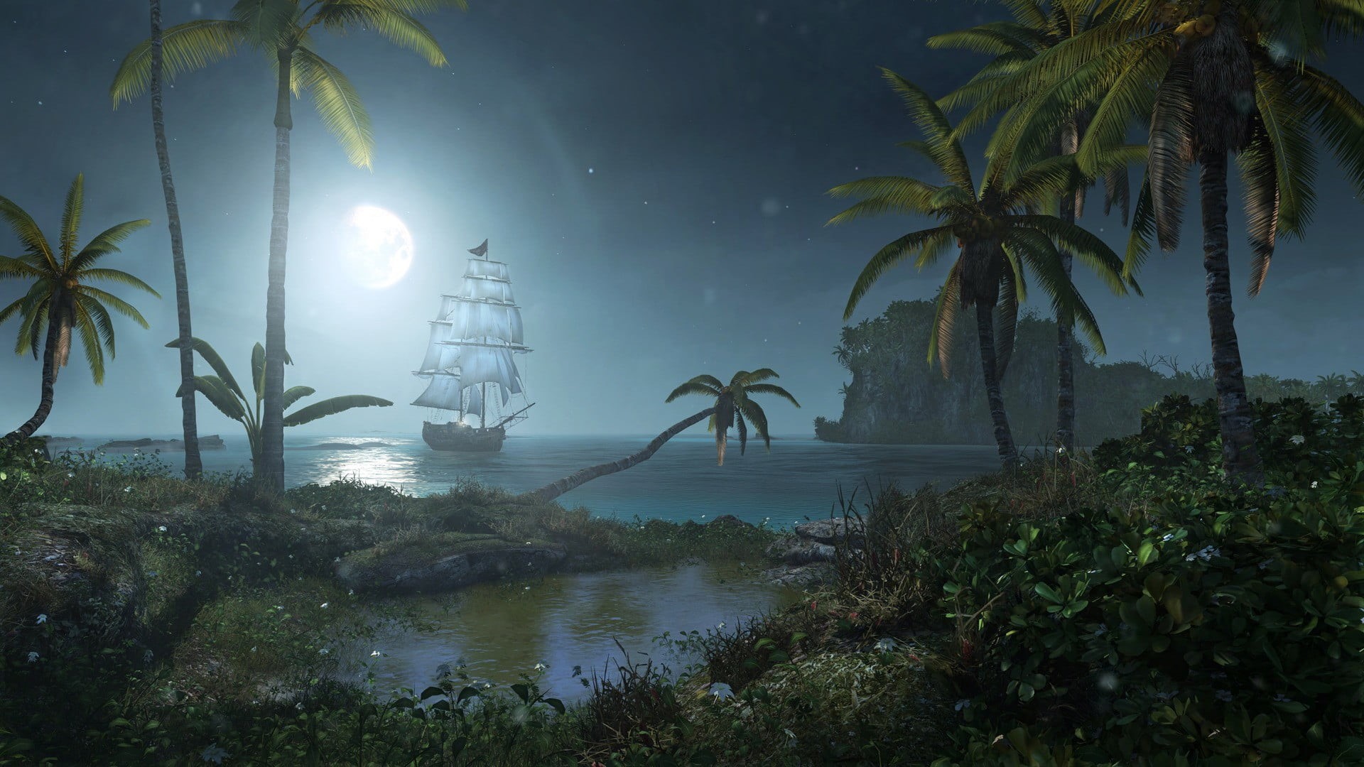 no people, beauty in nature, scenics - nature, outdoors, ship, sea, sky, palm tree, coconut palm tree, Assassins Creed, island, tree, galleon, HD Wallpaper