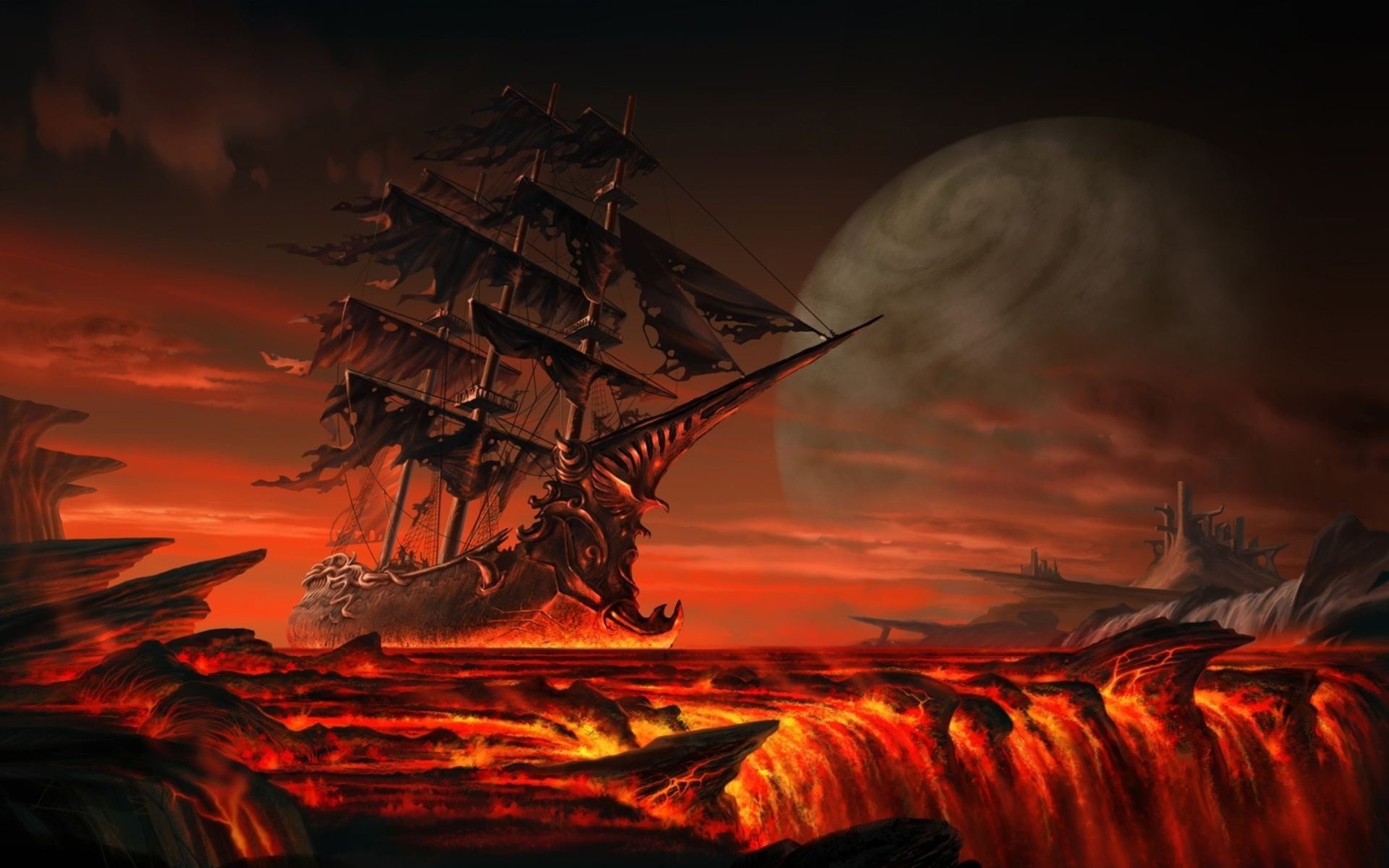 galleon, tranquil scene, brown, hell, cover, low angle view, planet, red, dramatic sky, scenics - nature, ship, digital art, sky, fantasy art, outdoors, HD Wallpaper